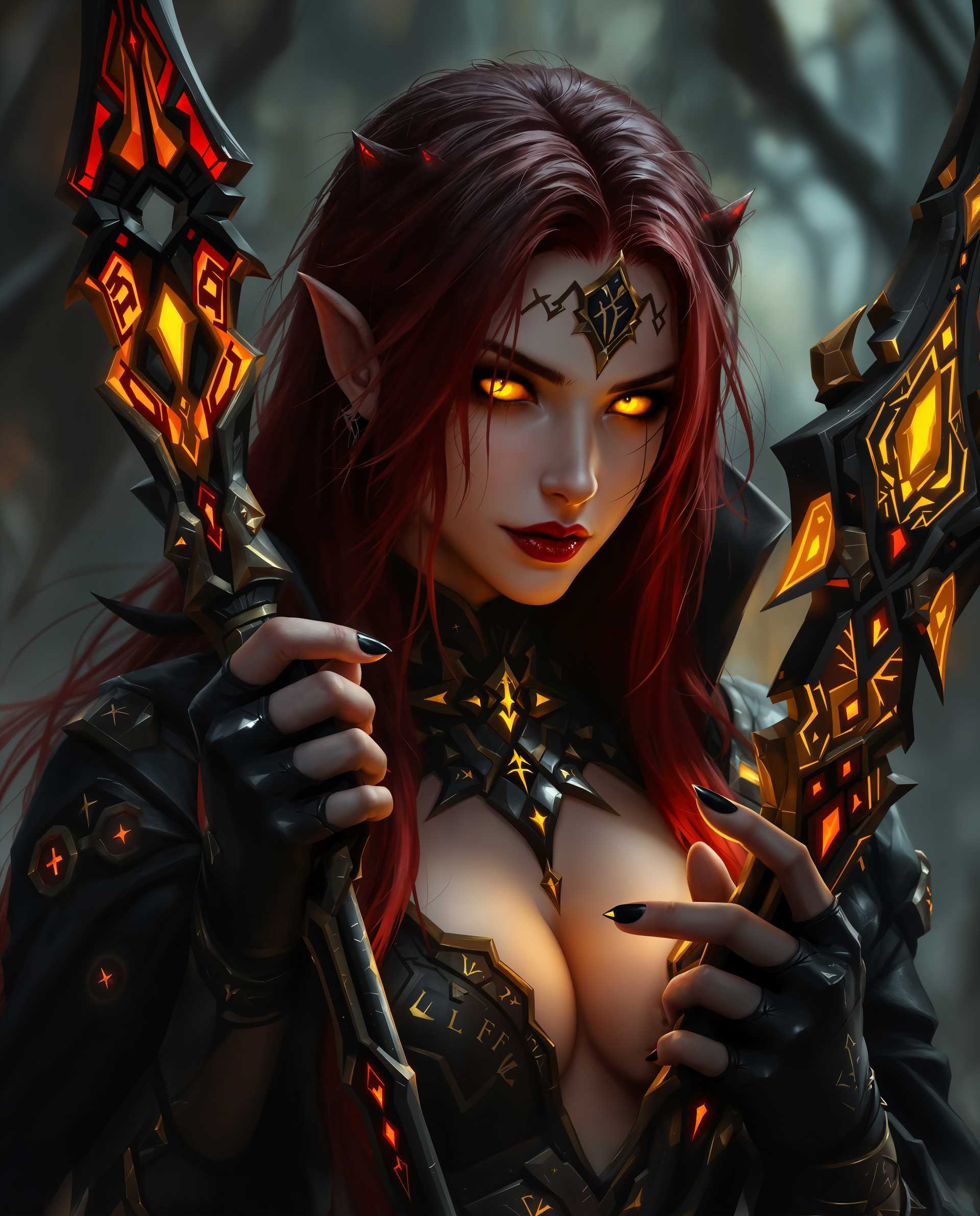 masterpiece, best quality, highres, sharp image, more detail <lora:more_details:0.5> <lora:SDXLrender_v2.0:1>, masterpiece, best quality, highres, sharp image, more detail, This image is a digital artwork that presents a closeup view of a character in a fantasy setting. The art style is highly detailed and realistic, with a focus on textures and lighting that give the image a three dimensional quality. The character has long dark red hair and yellow glowy eyes. The medium appears to be a digital painting, given the smooth blending and gradients of color. The colors in the image are predominantly dark and moody, with a strong emphasis on reds and blacks. These colors are complemented by touches of yellow and gold, which add to the mystical and otherworldly atmosphere of the scene. The lighting in the image is dramatic, with highlights and shadows that give depth to the characters features and the surrounding environment. The objects in the image are primarily the characters hands and the bow they are holding. The bow is ornately designed, with intricate details and glowing red accents that suggest magical properties. The characters hands are detailed with realistic creases and textures, and the nails are painted with a matching black polish. There are also runes or symbols etched on the characters chest, adding to the fantasy theme of the artwork.