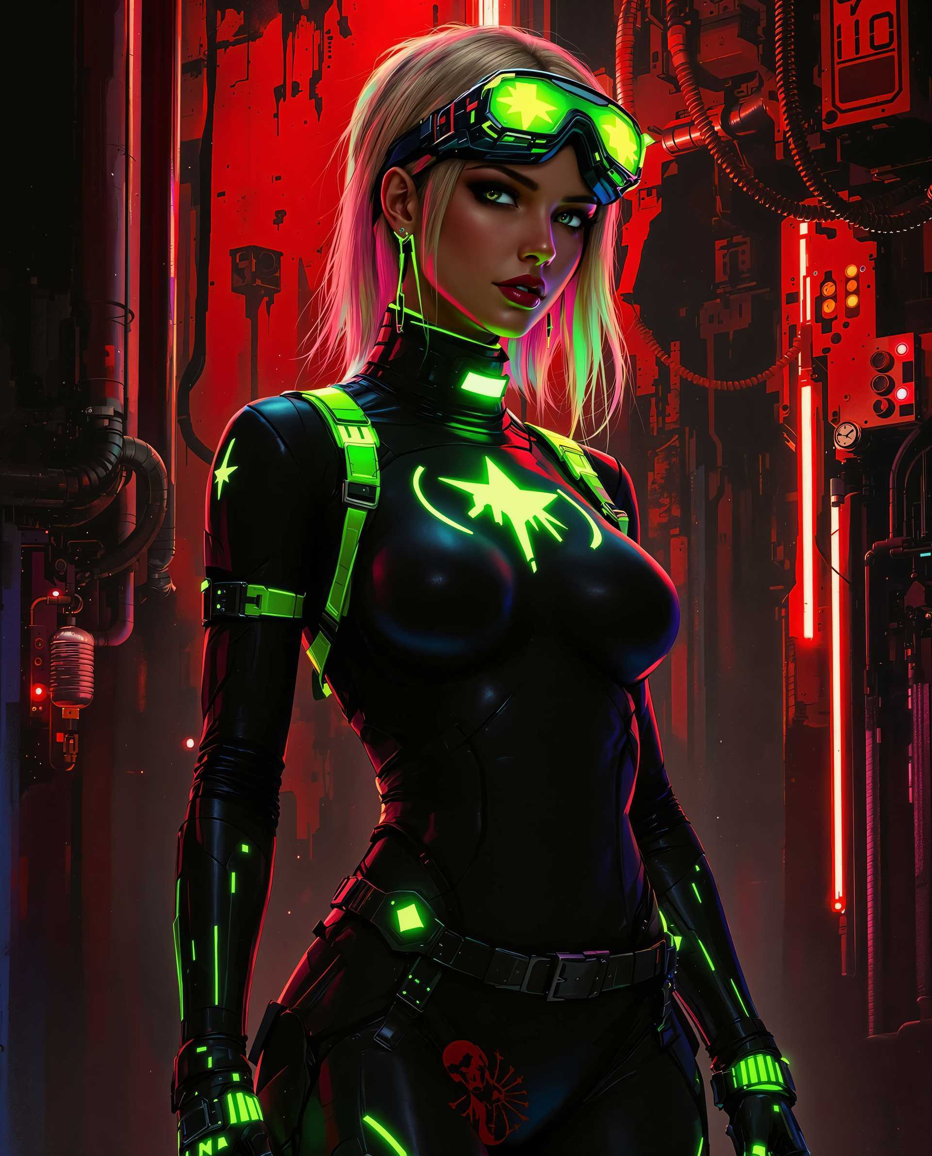 masterpiece, best quality, highres, sharp image, more detail <lora:more_details:0.5> <lora:SDXLrender_v2.0:1>, This image is a realistic photo (photograph) of a female real person digital artwork that presents a figure in a cyberpunk style, which is a genre that blends futuristic elements with dystopian themes. The art style is characterized by its high contrast, bold outlines, and a focus on technology and urban decay.The medium appears to be a digital painting, given the smooth blending of colors and the lack of texture that would be present in a traditional painting. The lighting and shadows are expertly rendered, creating a threedimensional effect on the figures clothing and the surrounding environment.The colors in the image are vivid and neon, with bright neon greens and yellows dominating the palette. These colors stand out against the darker, more muted tones of the figures skin and the background. The neon green is particularly striking, as it is used to highlight the figures hair, the straps of the garment, and the glowing elements in the environment.The objects in the image are numerous and contribute to the cyberpunk aesthetic. The figure is wearing a tightfitting, black bodysuit with neon green accents and symbols, which gives off a sleek, futuristic vibe. The bodysuit has a high neckline and is fitted with what appears to be a pair of goggles or a visor, which further emphasizes the cybernetic theme. The figure also wears a pair of gloves with neon green detailing, and there are various straps and buckles that add to the overall mechanical look.The background is a chaotic mix of red and black, with streaks and smudges that give the impression of a neonlit, urban night. There are also mechanical elements, such as pipes and conduits, that suggest a dystopian cityscape. The overall effect is one of a gritty, futuristic world where technology and urban decay coexist.The lighting in the image is dramatic, with bright neon lights casting shadows that give depth to the scene. The highlights on the figures clothing and the glowing elements in the background create a sense of energy and dynamism.In summary, this image is a digital painting that captures the essence of cyberpunk with its bold outlines, high contrast, and focus on technology and urban decay. The use of neon colors and the inclusion of mechanical elements contribute to the dystopian atmosphere, while the lighting and shadows add depth and dynamism to the scene.