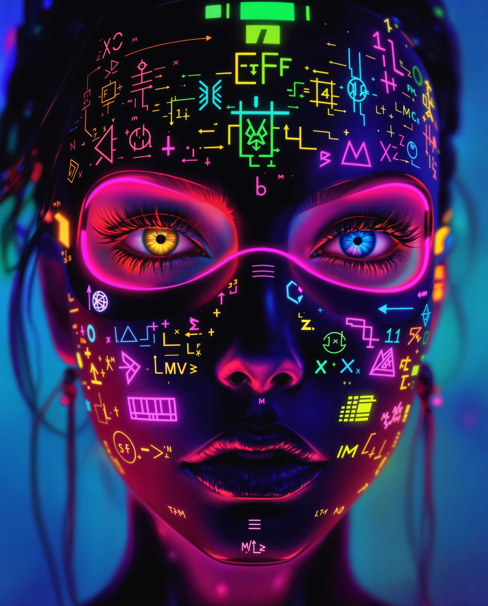masterpiece, best quality, highres, sharp image, more detail <lora:more_details:0.5> <lora:SDXLrender_v2.0:1>, masterpiece, best quality, highres, sharp image, more detail, This image is a realistic photo (photograph) of a female real person digital artwork that exudes a cyberpunk vibe, characterized by its futuristic and neonlit aesthetic. The subject of the image is a closeup of a persons face, with a focus on the eyes and the mask they are wearing.The art style is highly stylized and appears to be a blend of digital painting and illustration techniques, with a strong emphasis on vibrant colors and intricate details. The medium seems to be a digital canvas, given the smooth gradients and seamless blending of colors.The colors in the image are rich and dynamic, with a predominance of neon hues such as pink, blue, yellow, and green. These colors are used to create a sense of energy and movement, and they are applied in a way that gives the image a threedimensional effect. The background is a gradient of blues and purples, which contrasts with the bright colors of the subject and adds to the overall futuristic feel.The subjects eyes are detailed and expressive, with one eye having a golden iris and the other a blue one. The irises are surrounded by a halo of neon pink, which complements the vibrant colors of the mask.The mask is the centerpiece of the image and is a work of art in itself. It is adorned with an array of symbols and designs, including mathematical equations, circuitlike patterns, and various shapes and symbols that suggest a connection to technology and artificial intelligence. The mask is predominantly black, with neon accents that stand out against the dark background, adding to the overall sense of depth and complexity.The overall effect of the image is one of awe and intrigue, inviting the viewer to ponder the themes of technology, identity, and the future that the artwork represents.