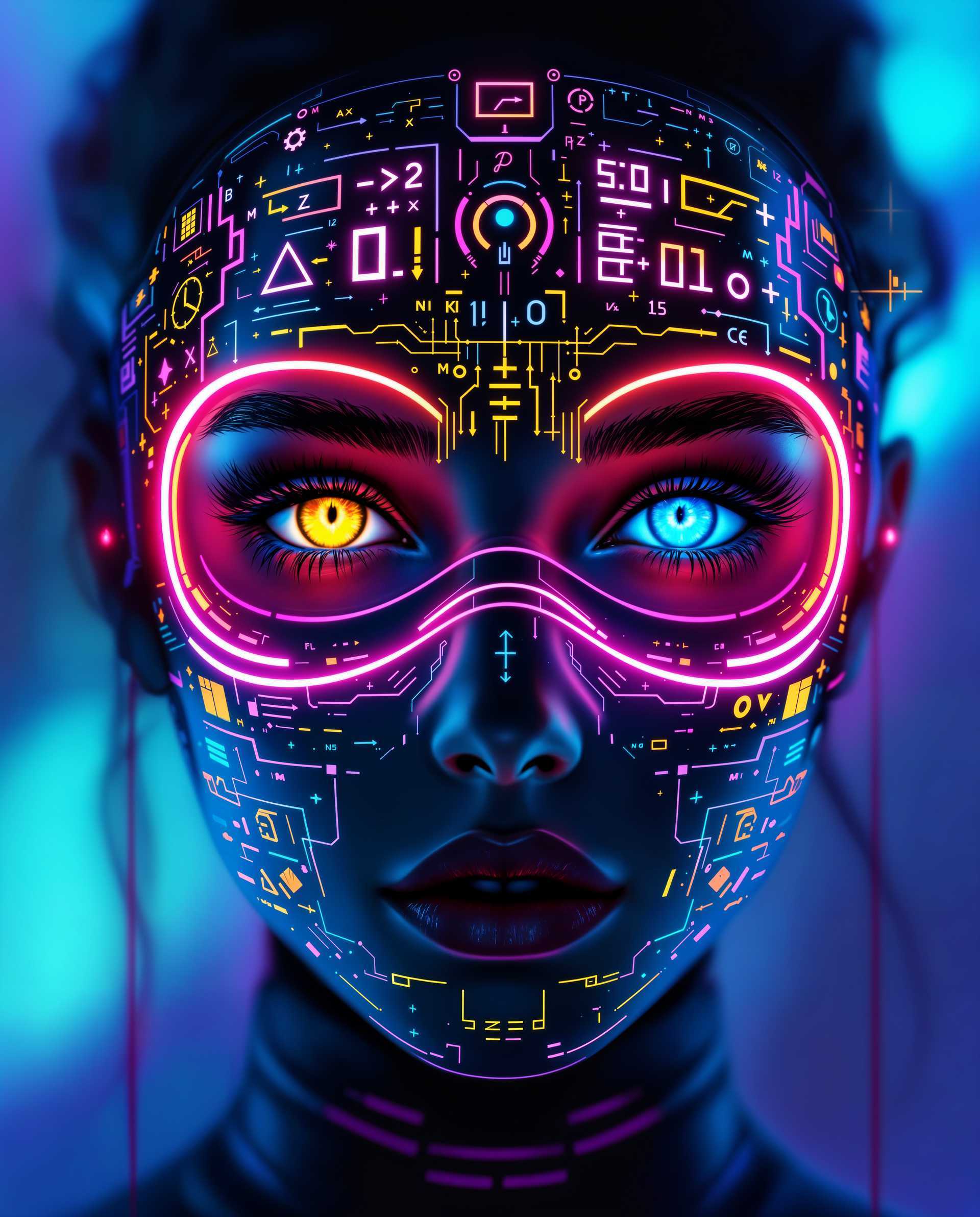 masterpiece, best quality, highres, sharp image, more detail <lora:more_details:0.5> <lora:SDXLrender_v2.0:1>, masterpiece, best quality, highres, sharp image, more detail, This image is a realistic photo (photograph) of a female real person digital artwork that exudes a cyberpunk vibe, characterized by its futuristic and neonlit aesthetic. The subject of the image is a closeup of a persons face, with a focus on the eyes and the mask they are wearing.The art style is highly stylized and appears to be a blend of digital painting and illustration techniques, with a strong emphasis on vibrant colors and intricate details. The medium seems to be a digital canvas, given the smooth gradients and seamless blending of colors.The colors in the image are rich and dynamic, with a predominance of neon hues such as pink, blue, yellow, and green. These colors are used to create a sense of energy and movement, and they are applied in a way that gives the image a threedimensional effect. The background is a gradient of blues and purples, which contrasts with the bright colors of the subject and adds to the overall futuristic feel.The subjects eyes are detailed and expressive, with one eye having a golden iris and the other a blue one. The irises are surrounded by a halo of neon pink, which complements the vibrant colors of the mask.The mask is the centerpiece of the image and is a work of art in itself. It is adorned with an array of symbols and designs, including mathematical equations, circuitlike patterns, and various shapes and symbols that suggest a connection to technology and artificial intelligence. The mask is predominantly black, with neon accents that stand out against the dark background, adding to the overall sense of depth and complexity.The overall effect of the image is one of awe and intrigue, inviting the viewer to ponder the themes of technology, identity, and the future that the artwork represents.