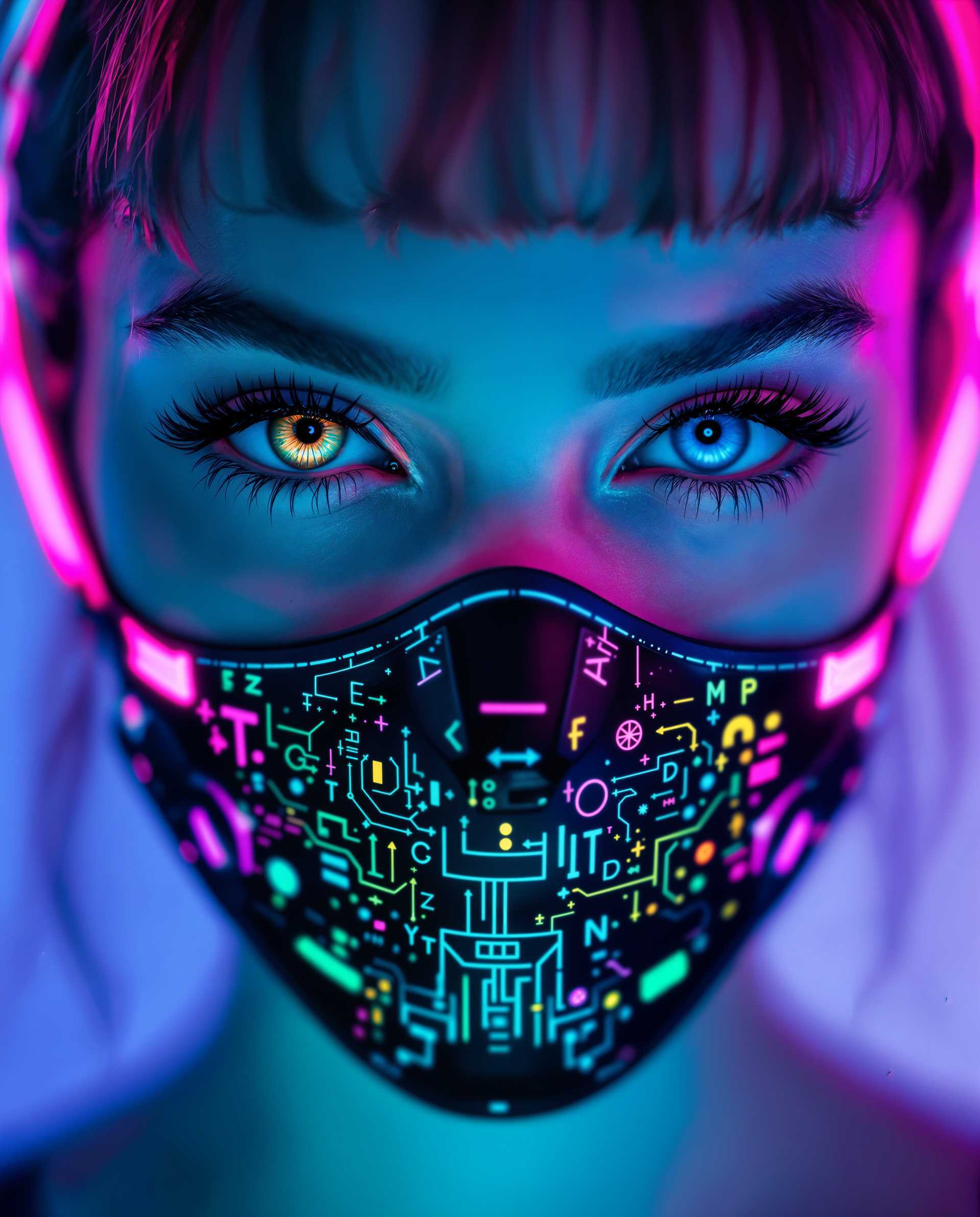 masterpiece, best quality, highres, sharp image, more detail <lora:more_details:0.5> <lora:SDXLrender_v2.0:1>, masterpiece, best quality, highres, sharp image, more detail, A striking close-up photograph of a female face, captured with a futuristic cyberpunk aesthetic, focusing on her expressive eyes and an intricate cyberpunk mask that covers her lips. Her eyes, one with a golden iris and the other blue, are framed by a neon pink halo, while the black mask features neon accents of pink, blue, yellow, and green, adorned with circuit-like patterns and mathematical symbols, set against a gradient background of blues and purples. Shot with a DSLR, 50mm lens, cinematic lighting, and 8K detail, the image blends photorealistic clarity with vibrant digital painting techniques, exuding energy and depth.