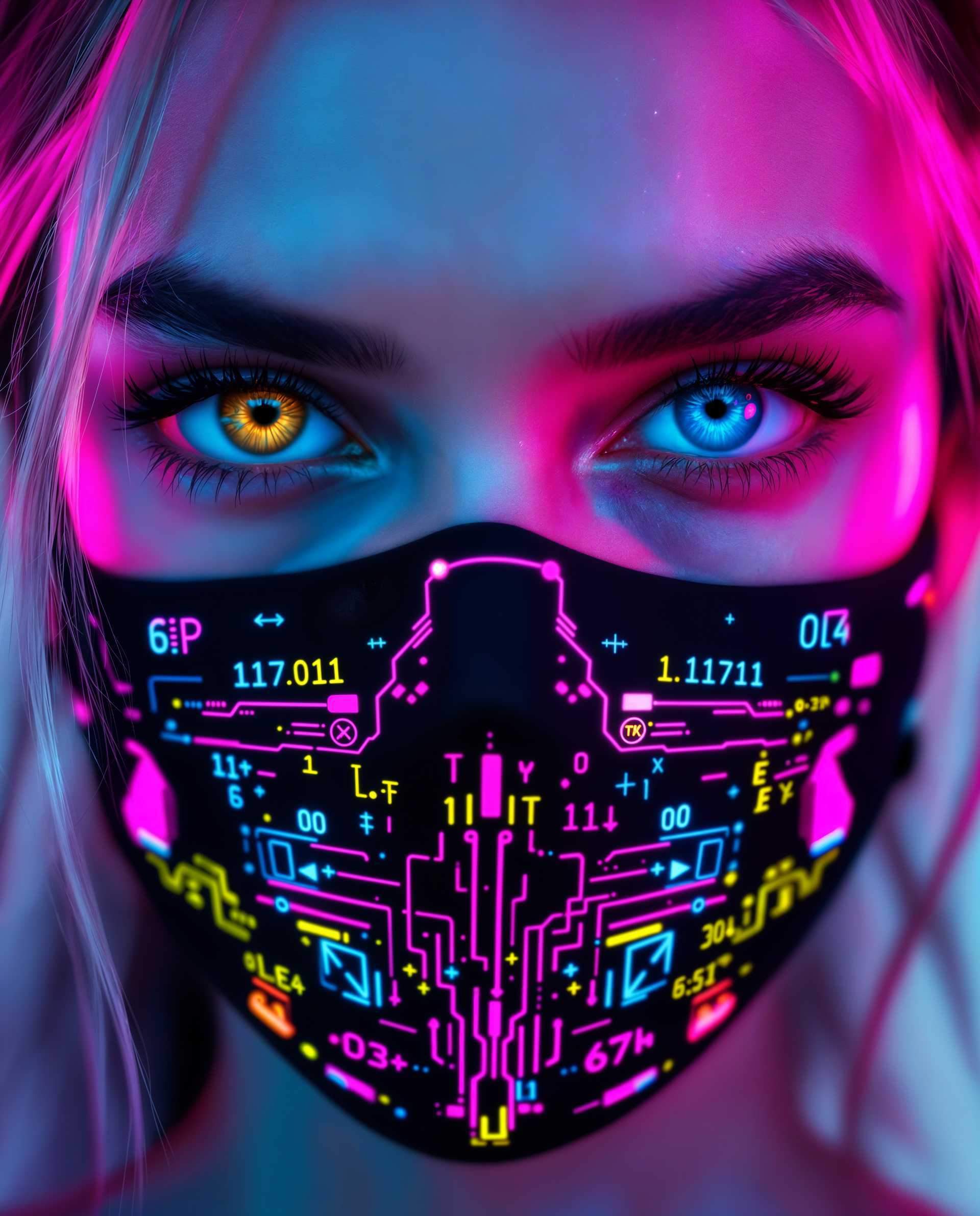 masterpiece, best quality, highres, sharp image, more detail <lora:more_details:0.5> <lora:SDXLrender_v2.0:1>, masterpiece, best quality, highres, sharp image, more detail, A striking close-up photograph of a female face, captured with a futuristic cyberpunk aesthetic, focusing on her expressive eyes and an intricate cyberpunk mask that covers her lips. Her eyes, one with a golden iris and the other blue, are framed by a neon pink halo, while the black mask features neon accents of pink, blue, yellow, and green, adorned with circuit-like patterns and mathematical symbols, set against a gradient background of blues and purples. Shot with a DSLR, 50mm lens, cinematic lighting, and 8K detail, the image blends photorealistic clarity with vibrant digital painting techniques, exuding energy and depth.