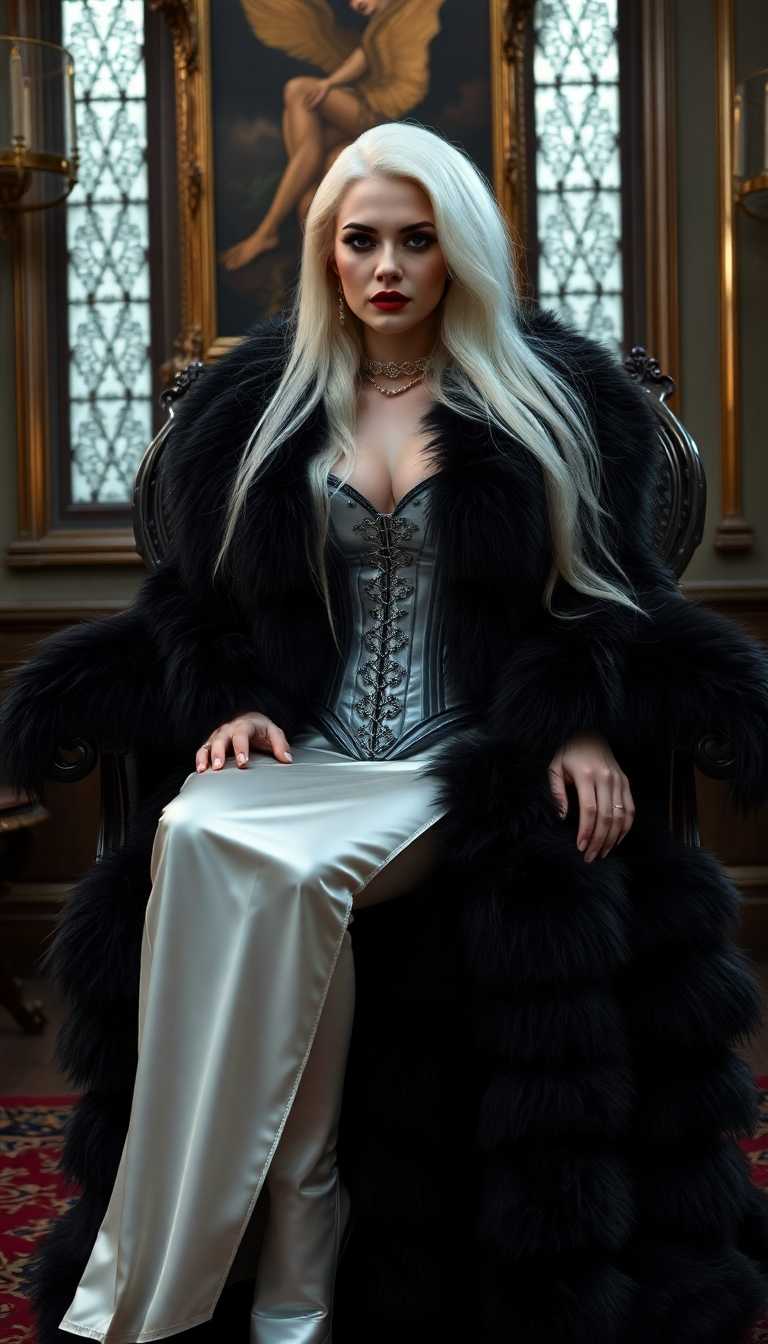 Thick heavy voluminous Stark White hair falling down her back. Mid 30s pale skinned vampire queen. Clad in a thick luxurious black fur coat. Beneath the coat she wears a shiny white latex corset and shiny white latex slit skirt. Reclining on a Victorian-era throne in a Victorian-era parlour.