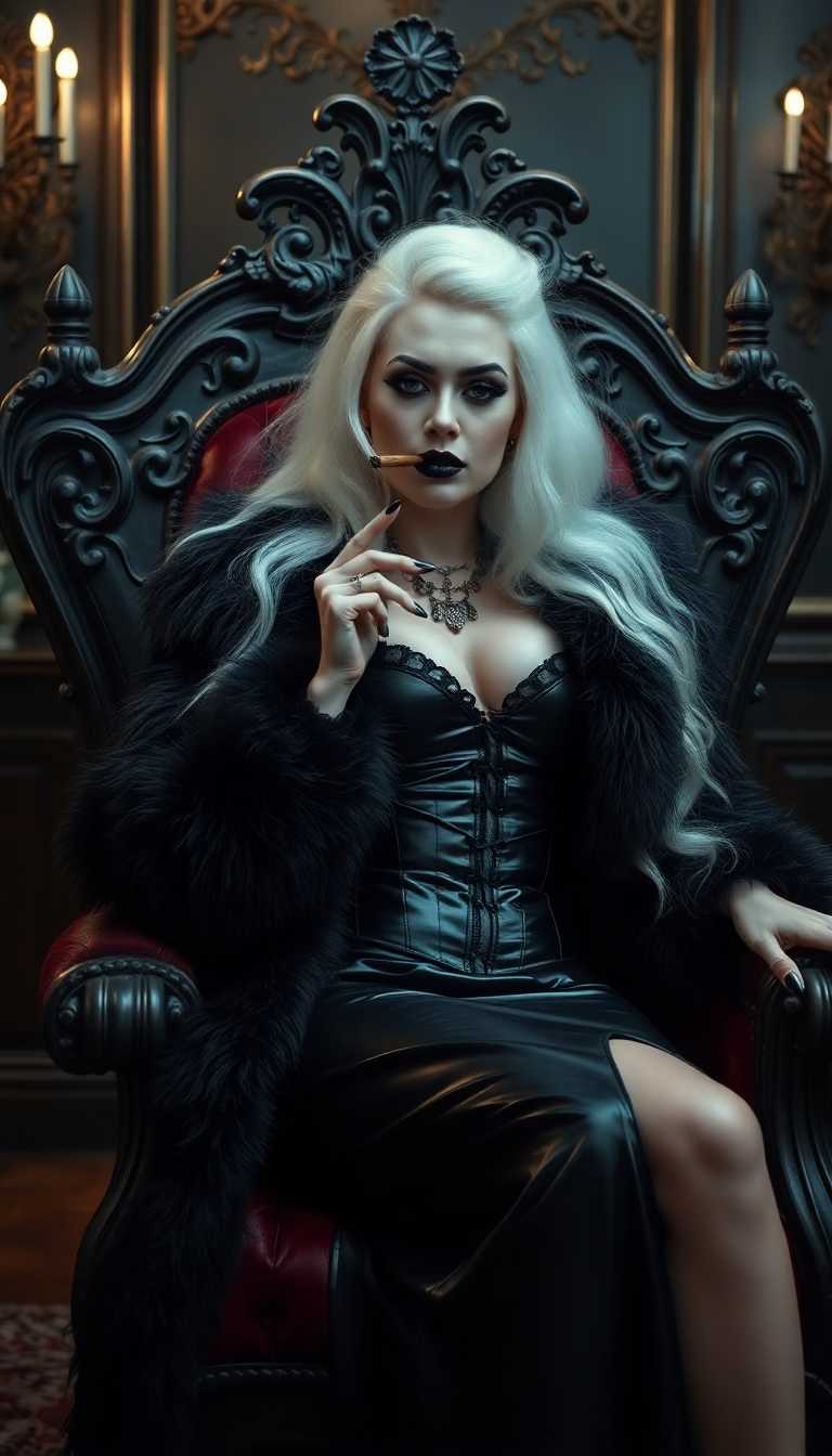 A striking mid-30s vampire queen with pale, porcelain skin and thick, voluminous stark white hair cascading down her back reclines on an ornate Victorian-era throne in a dimly lit Victorian parlour, exuding dark elegance. She wears a luxurious black fur coat over a shiny black latex corset and a shiny black latex slit skirt, her heavy gothic makeup, shiny black lips, and nails adding a menacing allure as she smokes a slim cigar. The scene is captured in photorealistic detail with cinematic lighting, soft shadows, and a shallow depth of field, reminiscent of a high-end 8K DSLR shot.