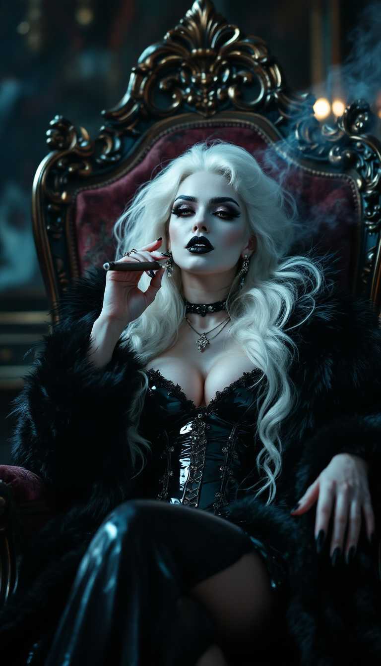 A striking mid-30s vampire queen with pale, porcelain skin and thick, voluminous stark white hair cascading down her back reclines on an ornate Victorian-era throne in a dimly lit Victorian parlour, exuding dark elegance. She wears a luxurious black fur coat over a shiny black latex corset and a shiny black latex slit skirt, her heavy gothic makeup, shiny black lips, and nails adding a menacing allure as she smokes a slim cigar. The scene is captured in photorealistic detail with cinematic lighting, soft shadows, and a shallow depth of field, reminiscent of a high-end 8K DSLR shot.
