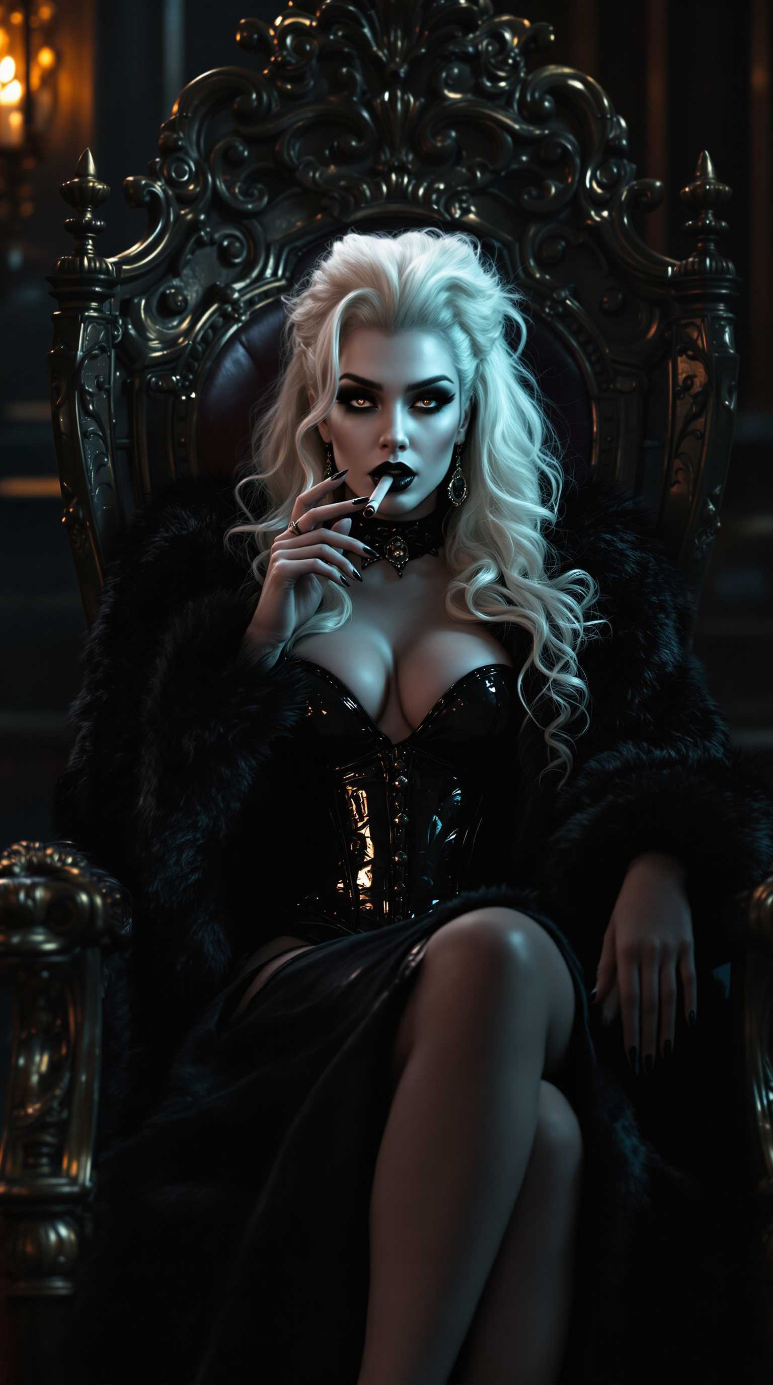 A striking mid-30s vampire queen with pale, porcelain skin and thick, voluminous stark white hair cascading down her back reclines on an ornate Victorian-era throne in a dimly lit Victorian parlour, exuding dark elegance. She wears a luxurious black fur coat over a shiny black latex corset and a slit skirt, her heavy gothic makeup, shiny black lips, and nails enhancing her menacing allure as she smokes a slim cigar. Captured in photorealistic detail with cinematic lighting, soft shadows, a shallow depth of field, and the precision of an 8K DSLR shot using a 50mm lens, the scene radiates haunting sophistication.