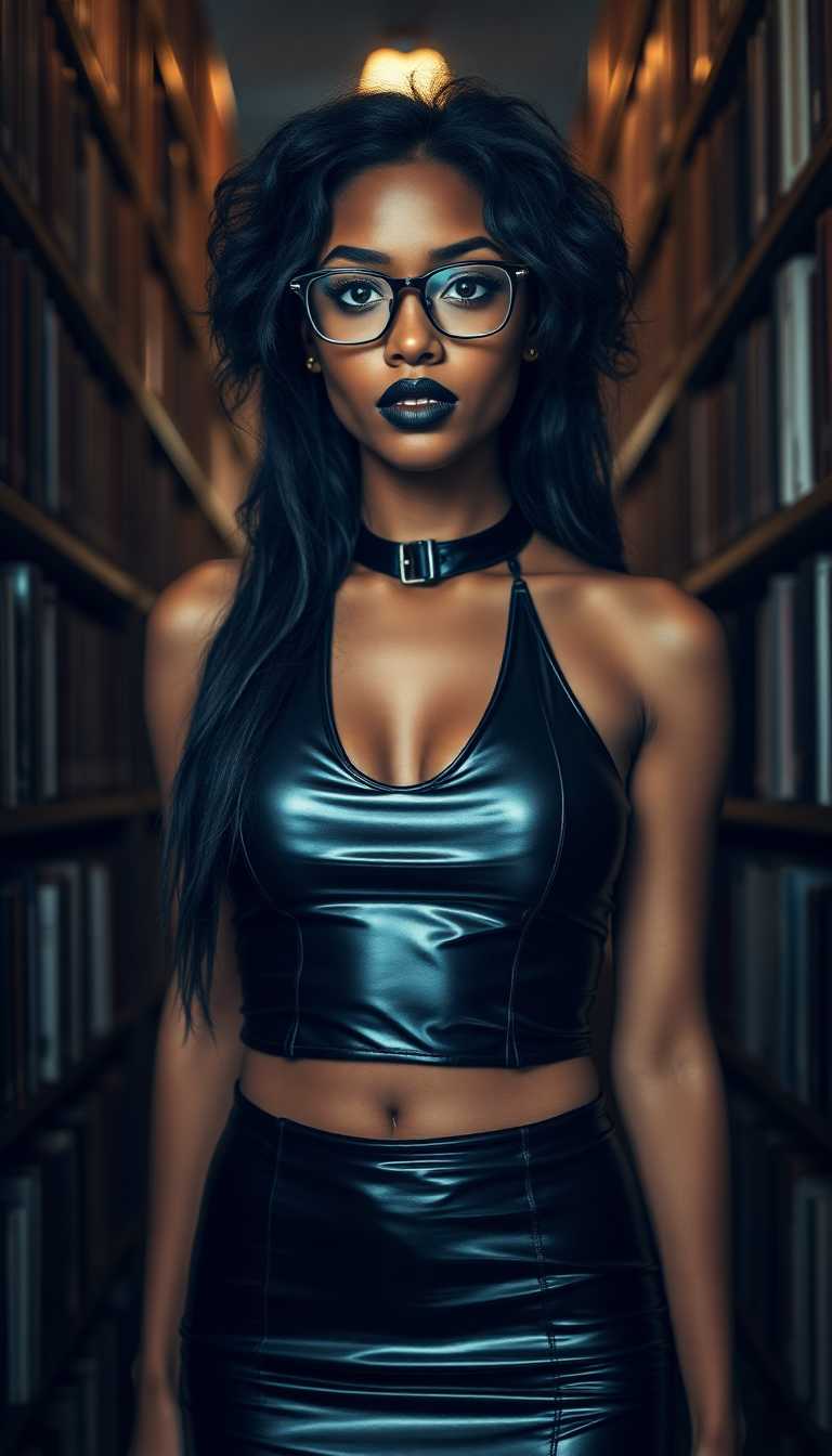 A striking young Black woman in her early 20s stands in a dimly lit library, surrounded by towering bookshelves, dressed in a tight, shiny black latex halter top and a matching mini-length skirt that catch the faint light. Her long, frizzy black hair frames her face, accentuating her sky-blue eyes behind thick glasses, while heavy goth makeup with bold black lipstick adds a dramatic edge. Captured in a cinematic DSLR style with a 50mm lens, the image boasts 8K detail and a moody, atmospheric vibe.