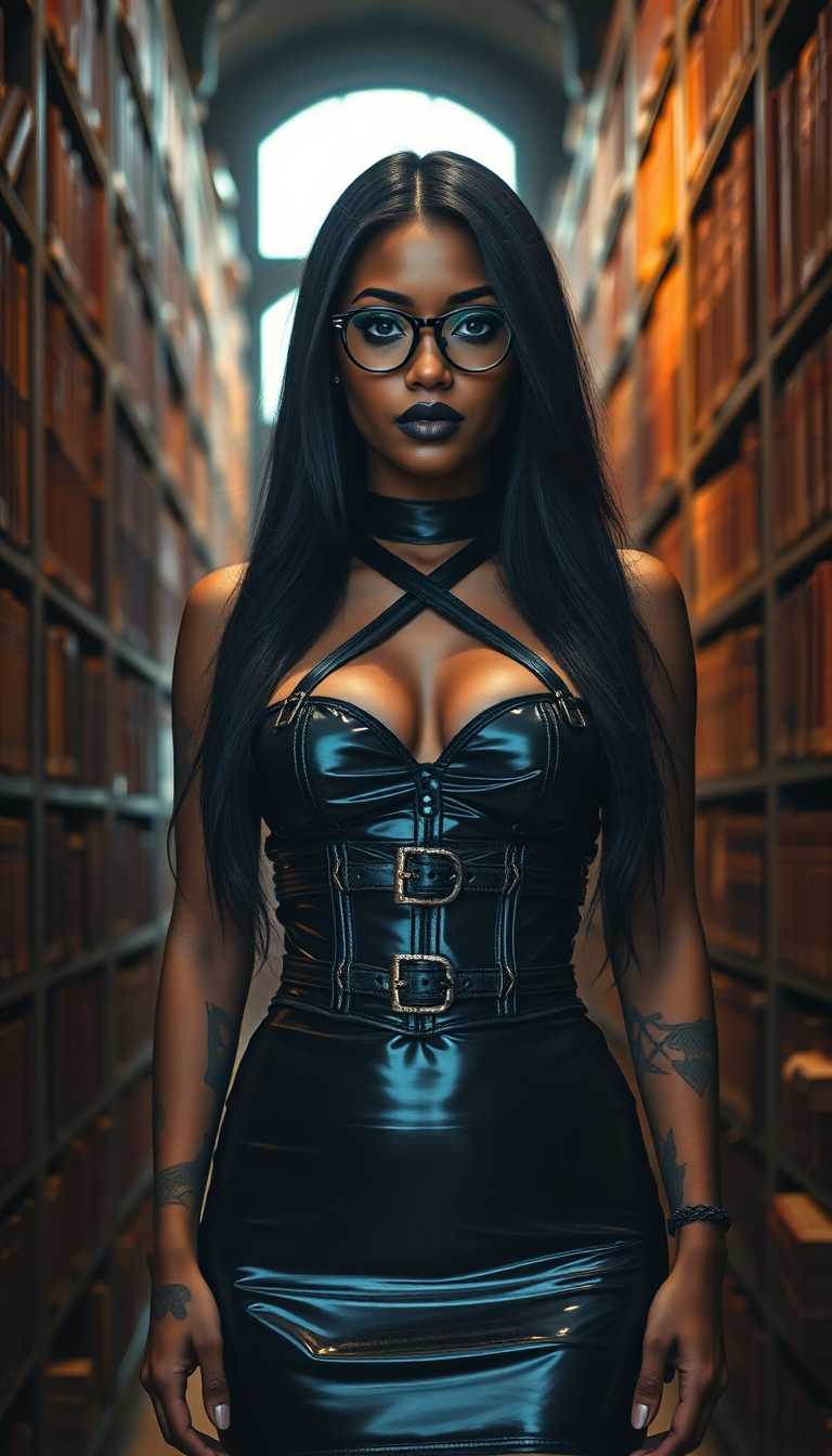 A striking young Black woman in her early 20s stands confidently in a dimly lit library, surrounded by towering, ancient bookshelves heavy with dusty tomes, wearing a tight, shiny black latex halter corset top with straps and buckles, paired with a matching latex mini skirt that catches the faint, ambient light. Her long, silky black hair cascades around her face, accentuating piercing sky-blue eyes behind slim round-framed glasses, while bold goth makeup with black lipstick and slim. Captured with a cinematic DSLR style using a 50mm lens, this 8K image radiates a moody, atmospheric vibe with soft shadows, subtle warm highlights, and a shallow depth of field. She is covered black tribal tattoos 