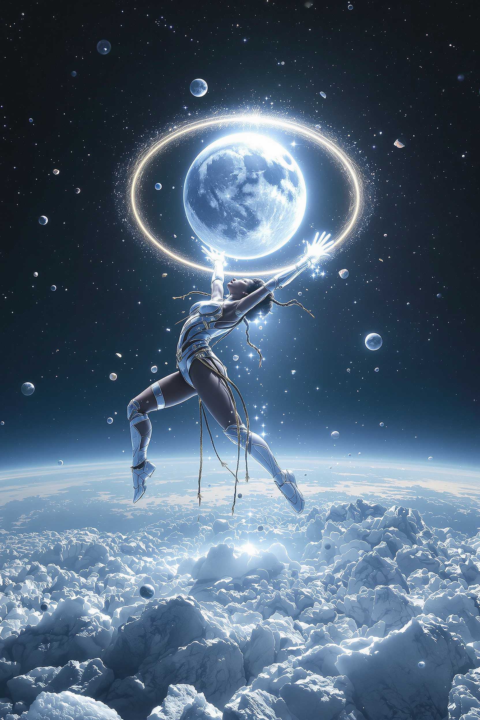 A lone Afro deity performs a mesmerizing mid-backflip in the vastness of space, casting shimmering rings of frost and frozen light from her arms as she redirects a collapsing moon, with sharp fragments of ice and asteroid shards suspended in frozen clarity. Her perfectly symmetrical posture bends gravity and light around her, while her weightless hair, with every braid rendered in precision, flows ethereally, set against a palette of arctic blue, white gold, and obsidian gray. Captured mid-action with a telephoto lens, her crystal-sharp armor reflects with zero bloom and perfect definition in stunning 8K detail under cinematic starlight.