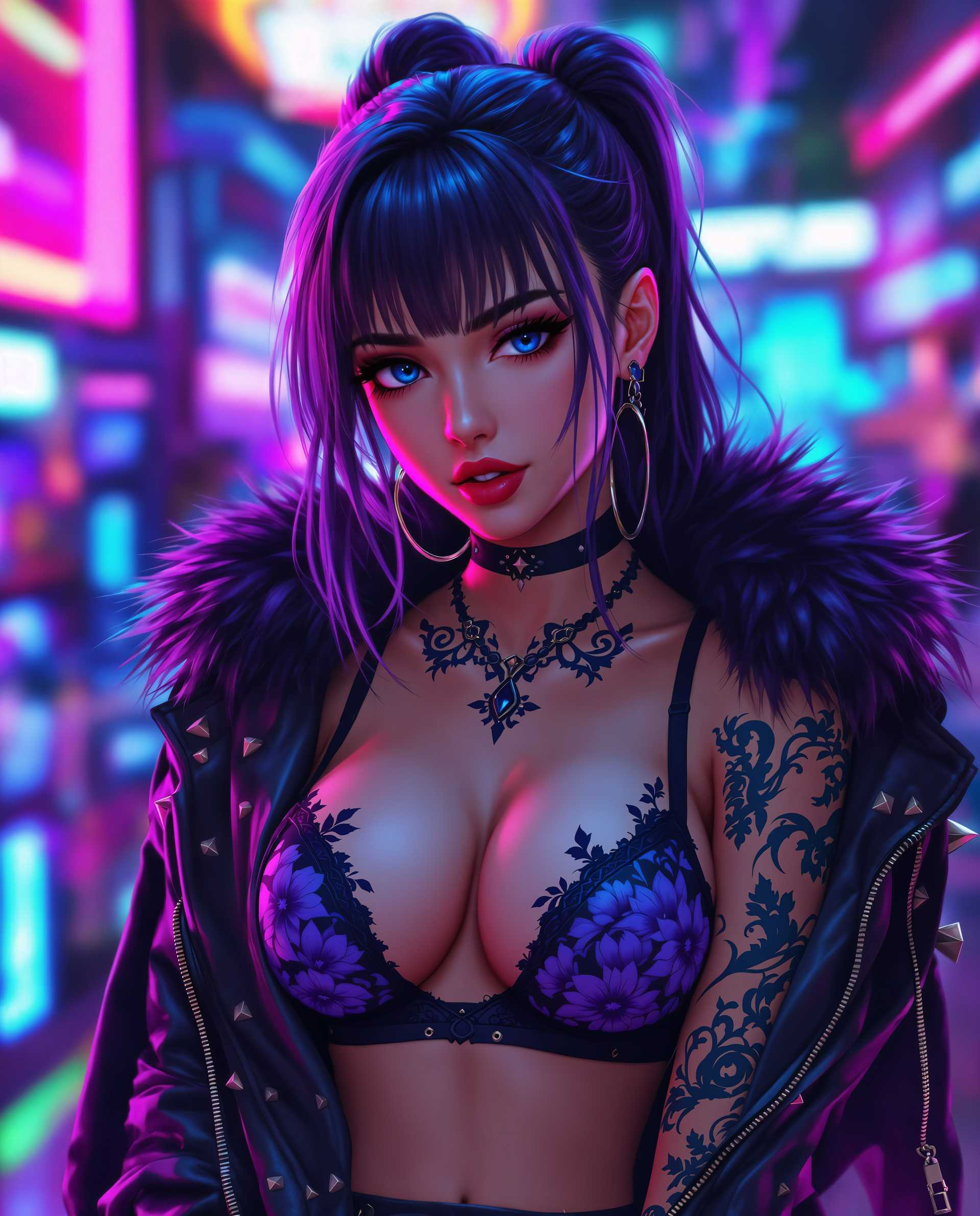 masterpiece, best quality, highres, sharp image, more detail <lora:more_details:0.5> <lora:SDXLrender_v2.0:1>, This image is a realistic photo (photograph) of a female real person digital artwork that exudes a cyberpunk vibe, with a focus on a character that is central to the composition. The art style is highly stylized and appears to be a blend of anime and digital painting techniques, with a strong emphasis on the use of vibrant colors and lighting effects.The medium is digital painting, as evidenced by the smooth gradients and the lack of texture that would be present in traditional mediums like oil or acrylic paints. The image is rich in detail and texture, with a high level of resolution that allows for the intricate rendering of the characters hair, clothing, and tattoos.The colors in the image are bold and saturated, with a predominance of purples, blues, and pinks. These colors are complemented by the neonlike lighting effects that create a sense of depth and movement within the composition. The lighting is dynamic, with highlights and shadows that give the character a threedimensional form.The objects in the image are primarily focused on the characters attire and accessories. The character is wearing a black leather jacket with spikes and studs, which adds to the cyberpunk aesthetic. The jacket has a fur trim, which contrasts with the sleekness of the leather and adds a touch of softness to the otherwise hardedged look. The character is also wearing a black bra with a floral pattern, which adds a feminine element to the overall masculine outfit.The tattoos on the characters arms are intricate and detailed, with a mix of floral and geometric patterns. They are rendered in a monochromatic blue, which stands out against the skin tone and adds to the overall edgy feel of the image.The background of the image is a blur of neon lights and colors, with a sense of depth created by the layering of different hues. This background complements the character and adds to the overall atmosphere of the image, which is one of futuristic energy and vibrancy.