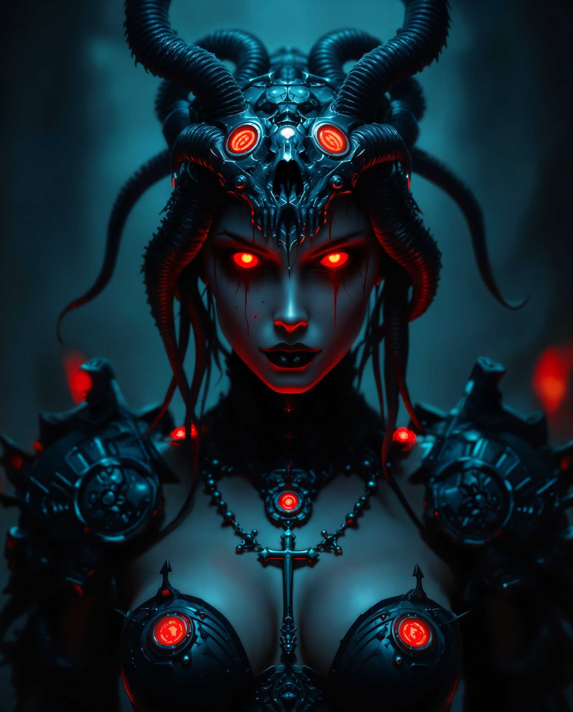 masterpiece, best quality, highres, sharp image, more detail <lora:more_details:0.5> <lora:SDXLrender_v2.0:1>, masterpiece, best quality, highres, sharp image, more detail, This image is a realistic photo (photograph) of a female real person digital artwork that presents a figure in a dark fantasy setting. The art style is highly stylized with a cinematic quality, utilizing dramatic lighting and shadow to create a sense of depth and drama. The medium appears to be a digital painting, given the smooth blending of colors and the lack of texture that one might find in traditional mediums.The colors in the image are moody and atmospheric, with a predominance of deep blues and blacks that give the scene a nightmarish, otherworldly quality. Red accents are strategically placed, providing a stark contrast and drawing the viewers eye. These reds are particularly noticeable in the glowing eyes of the figure, the cross pendant on the necklace, and the circular motifs on the headpiece, which stand out against the cool tones and add a sense of ominous power.The objects in the image are numerous and contribute to the overall dark fantasy aesthetic. The figure is adorned with a headpiece that resembles a skull with tentacles, suggesting a connection to the underworld or supernatural forces. The necklace features a cross pendant, which could symbolize faith or perhaps a twisted version of it in the context of the artwork. The figures attire includes a dark, armored bodice with intricate designs, and the shoulder pads are detailed with what appears to be mechanical elements, hinting at a blend of ancient and futuristic elements.The background is intentionally blurred, focusing the viewers attention on the figure and the intricate details of its costume and accessories. The overall effect is one of mystery and foreboding, inviting the viewer to ponder the story behind this enigmatic character.