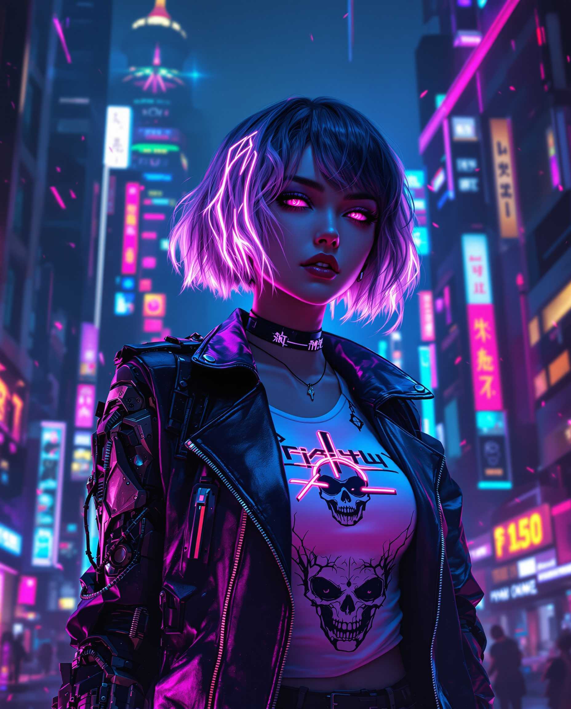 masterpiece, best quality, highres, sharp image, more detail <lora:more_details:0.5> <lora:SDXLrender_v2.0:1>, This image is a realistic photo (photograph) of a female real person digital artwork that captures a cyberpunk aesthetic, characterized by its futuristic and neonlit setting. The art style is highly detailed and realistic, with a focus on the textures and lighting that give the image a threedimensional quality.The medium appears to be a digital painting, utilizing advanced software to create the intricate details and vibrant colors. The image is rich in contrasts and highlights, with a dynamic interplay of light and shadow that adds depth and dimension.The colors in the image are predominantly purples, blues, and pinks, with neon accents that stand out against the darker background. These colors create a moody and atmospheric effect, evoking feelings of mystery and intrigue.The objects in the image are varied and contribute to the cyberpunk theme. The subject is a figure with short, wavy hair that glows with a neon pink hue, suggesting a cybernetic enhancement. The figure is wearing a black leather jacket with a high collar and a choker, which has a similar neon pink glow. The jacket is adorned with what appears to be Asian characters in a stylized font, adding to the cyberpunk vibe.Underneath the jacket, the figure is wearing a white tank top with a graphic design that resembles a skull or a face, contributing to the edgy and rebellious feel of the outfit. The figure also has a mechanical arm attached to its torso, with intricate gears and circuitry visible, further emphasizing the cybernetic aspect of the character.The background of the image is a neonlit cityscape, with towering skyscrapers and signs that emit a variety of colors, including red, blue, yellow, and green. The cityscape is bustling and chaotic, with streaks of light and particles floating through the air, creating a sense of energy and movement.Overall, the image is a compelling blend of futuristic technology, urban decay, and neon aesthetics, encapsulating the essence of cyberpunk in a visually stunning and thoughtprovoking way.