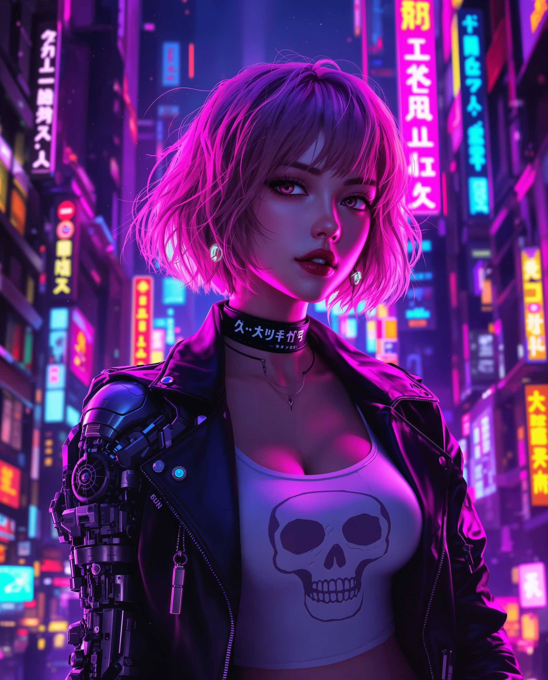 masterpiece, best quality, highres, sharp image, more detail <lora:more_details:0.5> <lora:SDXLrender_v2.0:1>, masterpiece, best quality, highres, sharp image, more detail, This image is a realistic photo (photograph) of a female real person digital artwork that captures a cyberpunk aesthetic, characterized by its futuristic and neonlit setting. The art style is highly detailed and realistic, with a focus on the textures and lighting that give the image a threedimensional quality.The medium appears to be a digital painting, utilizing advanced software to create the intricate details and vibrant colors. The image is rich in contrasts and highlights, with a dynamic interplay of light and shadow that adds depth and dimension.The colors in the image are predominantly purples, blues, and pinks, with neon accents that stand out against the darker background. These colors create a moody and atmospheric effect, evoking feelings of mystery and intrigue.The objects in the image are varied and contribute to the cyberpunk theme. The subject is a figure with short, wavy hair that glows with a neon pink hue, suggesting a cybernetic enhancement. The figure is wearing a black leather jacket with a high collar and a choker, which has a similar neon pink glow. The jacket is adorned with what appears to be Asian characters in a stylized font, adding to the cyberpunk vibe.Underneath the jacket, the figure is wearing a white tank top with a graphic design that resembles a skull or a face, contributing to the edgy and rebellious feel of the outfit. The figure also has a mechanical arm attached to its torso, with intricate gears and circuitry visible, further emphasizing the cybernetic aspect of the character.The background of the image is a neonlit cityscape, with towering skyscrapers and signs that emit a variety of colors, including red, blue, yellow, and green. The cityscape is bustling and chaotic, with streaks of light and particles floating through the air, creating a sense of energy and movement.Overall, the image is a compelling blend of futuristic technology, urban decay, and neon aesthetics, encapsulating the essence of cyberpunk in a visually stunning and thoughtprovoking way.