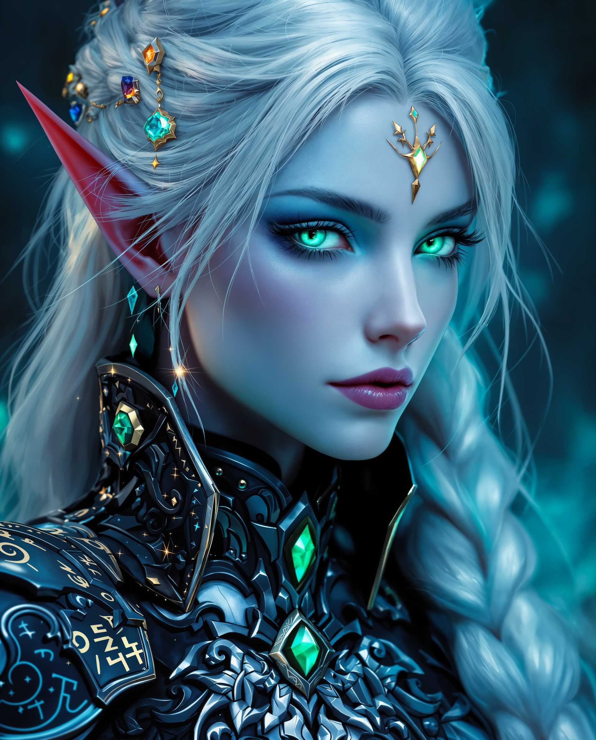 masterpiece, best quality, highres, sharp image, more detail <lora:more_details:0.5> <lora:SDXLrender_v2.0:1>, masterpiece, best quality, highres, sharp image, more detail, This image is a realistic photo (photograph) of a female real person closeup portrayal of a figure that appears to be a fantasy character, possibly from a realm of elves or otherworldly beings. The art style is highly stylized and digital, with a focus on intricate details and a rich, atmospheric color palette.The medium is digital painting, as evidenced by the smooth blending of colors and the lack of texture that would be present in a traditional painting. The use of lighting and shadow is masterful, creating a sense of depth and dimension that brings the character to life.The colors are predominantly cool tones, with shades of blue and teal dominating the palette. These cool colors are accented with touches of warm tones, such as the golden highlights on the armor and jewelry, which add contrast and interest to the image. The use of these colors gives the image a mystical and otherworldly quality.The objects in the image are primarily the characters face and upper body. The character has pale, icy blue skin, and their hair is a silvery white, with hints of blue. The hair is styled in a braid that falls down the side of the figure, adorned with what appears to be glowing jewels or crystals. The characters eyes are a striking shade of green, with a luminescent quality that suggests they may be enchanted or magical.The armor is intricate and detailed, with a mix of metallic and organic elements. It is primarily black with silver and teal accents, and it is adorned with what look like glowing runes or symbols. The armor covers the characters shoulders and chest, with a high collar that frames the neck. There is also a piece of armor that wraps around the characters waist, with a prominent gemstone in the center.Overall, the image is a stunning example of digital fantasy art, with a focus on detailed craftsmanship, atmospheric color use, and a sense of otherworldliness.