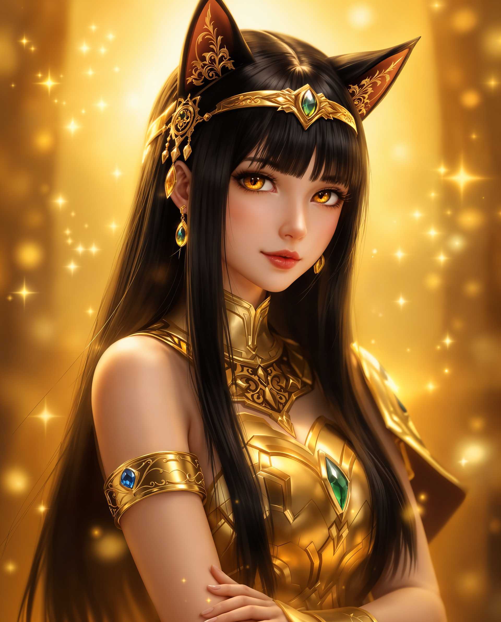 masterpiece, best quality, highres, sharp image, more detail <lora:more_details:0.5> <lora:SDXLrender_v2.0:1>, masterpiece, best quality, highres, sharp image, more detail, This is a realistic photo (photograph) of a female real person image that features a character with a blend of human and feline traits, often referred to as a nekomimi, which is a Japanese term for a catgirl. The character has long, straight black hair with bangs, and her ears are pointed and resemble those of a cat. Her eyes are a warm amber color, and she has a serene and contemplative expression.The art style is digital, with a high level of detail and realism. The medium appears to be a digital painting, given the smooth blending of colors and the absence of brush strokes. The lighting in the image is dramatic, with a warm golden glow that highlights the character and creates a luminous effect around her. The background is a soft, golden light with subtle sparkles and bubbles, which adds to the ethereal quality of the scene.The colors in the image are rich and vibrant, with a predominance of gold, amber, and black. The gold is a warm, metallic gold that gives a sense of luxury and opulence. The amber of the eyes and the bubbles adds a sense of warmth and depth, while the black of the hair provides a stark contrast that emphasizes the characters features.There are several objects in the image that contribute to the overall aesthetic. The character is wearing a golden headband with a teardropshaped gemstone, which complements the golden armorlike garment she is wearing. The garment has a high neckline and is adorned with intricate patterns and designs, giving it a regal and ancient feel. The characters arm is visible, and she is wearing a golden cuff bracelet with a blue gemstone, which adds a touch of color to the otherwise monochromatic scheme.Overall, the image exudes a sense of mystique and elegance, with a strong emphasis on the characters feline features and the rich, warm color palette. The lighting and composition create a sense of depth and movement, drawing the viewers attention to the character and the details of her attire.