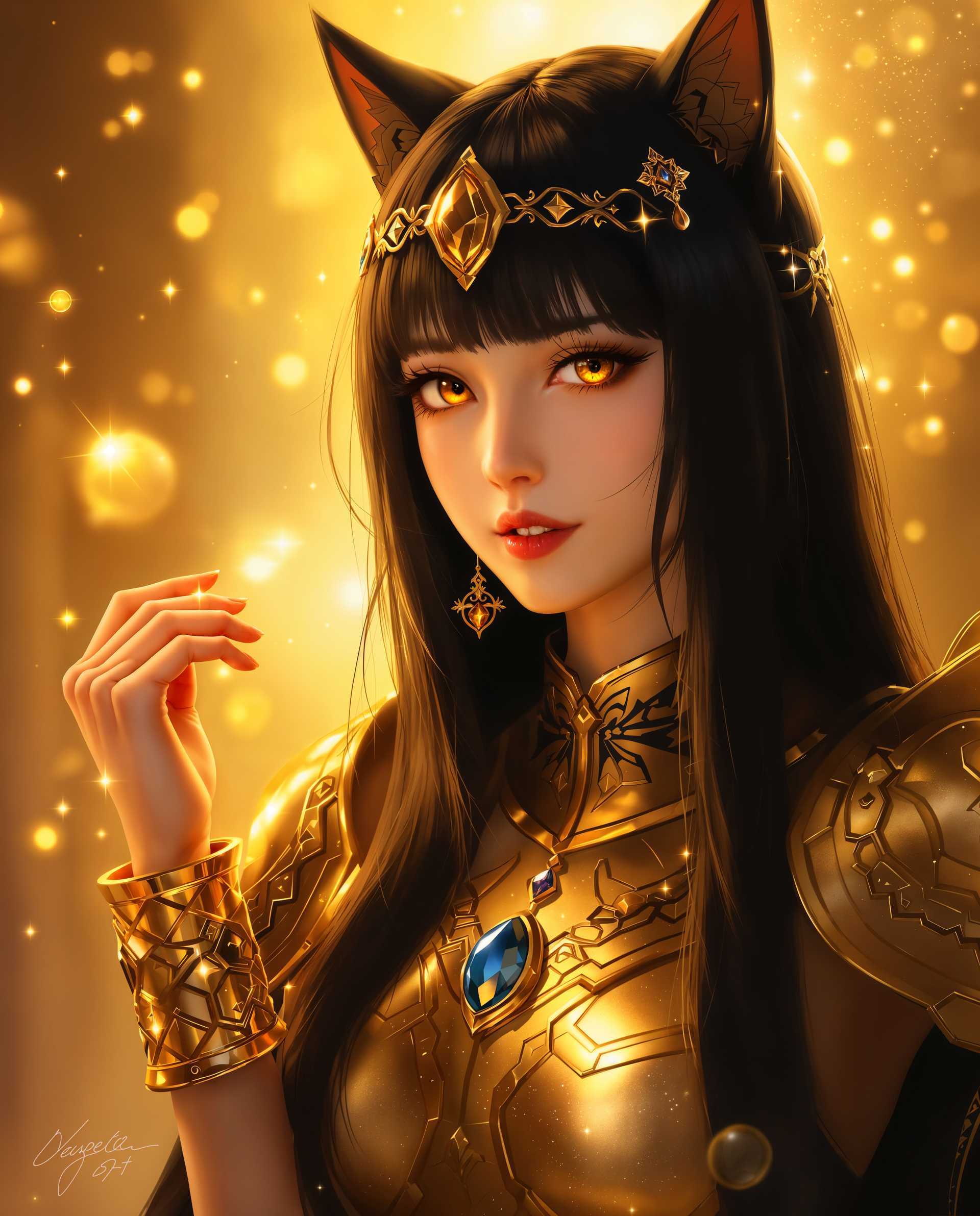 masterpiece, best quality, highres, sharp image, more detail <lora:more_details:0.5> <lora:SDXLrender_v2.0:1>, masterpiece, best quality, highres, sharp image, more detail, This is a realistic photo (photograph) of a female real person image that features a character with a blend of human and feline traits, often referred to as a nekomimi, which is a Japanese term for a catgirl. The character has long, straight black hair with bangs, and her ears are pointed and resemble those of a cat. Her eyes are a warm amber color, and she has a serene and contemplative expression.The art style is digital, with a high level of detail and realism. The medium appears to be a digital painting, given the smooth blending of colors and the absence of brush strokes. The lighting in the image is dramatic, with a warm golden glow that highlights the character and creates a luminous effect around her. The background is a soft, golden light with subtle sparkles and bubbles, which adds to the ethereal quality of the scene.The colors in the image are rich and vibrant, with a predominance of gold, amber, and black. The gold is a warm, metallic gold that gives a sense of luxury and opulence. The amber of the eyes and the bubbles adds a sense of warmth and depth, while the black of the hair provides a stark contrast that emphasizes the characters features.There are several objects in the image that contribute to the overall aesthetic. The character is wearing a golden headband with a teardropshaped gemstone, which complements the golden armorlike garment she is wearing. The garment has a high neckline and is adorned with intricate patterns and designs, giving it a regal and ancient feel. The characters arm is visible, and she is wearing a golden cuff bracelet with a blue gemstone, which adds a touch of color to the otherwise monochromatic scheme.Overall, the image exudes a sense of mystique and elegance, with a strong emphasis on the characters feline features and the rich, warm color palette. The lighting and composition create a sense of depth and movement, drawing the viewers attention to the character and the details of her attire.