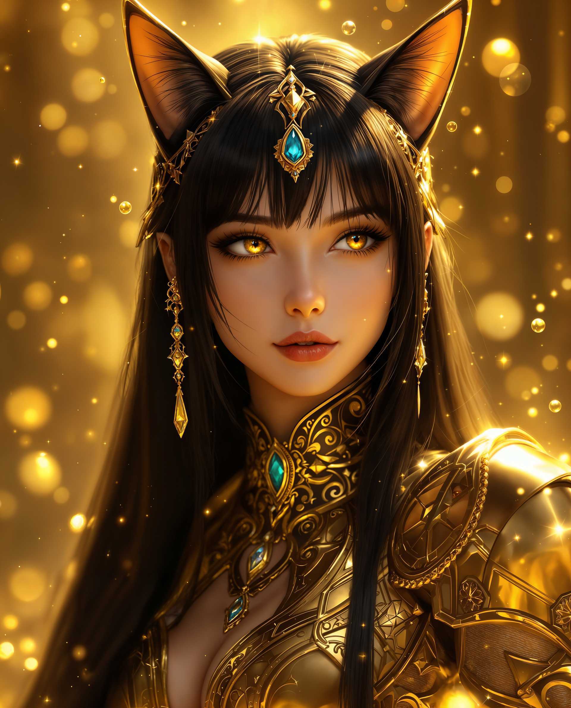 masterpiece, best quality, highres, sharp image, more detail <lora:more_details:0.5> <lora:SDXLrender_v2.0:1>, masterpiece, best quality, highres, sharp image, more detail, A photorealistic digital painting of a serene catgirl with human and feline traits, featuring long, straight black hair with bangs and pointed cat-like ears, her warm amber eyes reflecting a contemplative expression. Dramatic golden lighting casts a luminous glow around her, enhancing the ethereal soft golden background with subtle sparkles and bubbles, while she wears intricate golden armor with a high neckline, a teardrop gemstone headband, and a golden cuff with a blue gemstone. The rich palette of metallic gold, amber, and stark black creates a luxurious, mystical atmosphere with cinematic depth and 8K detail.
