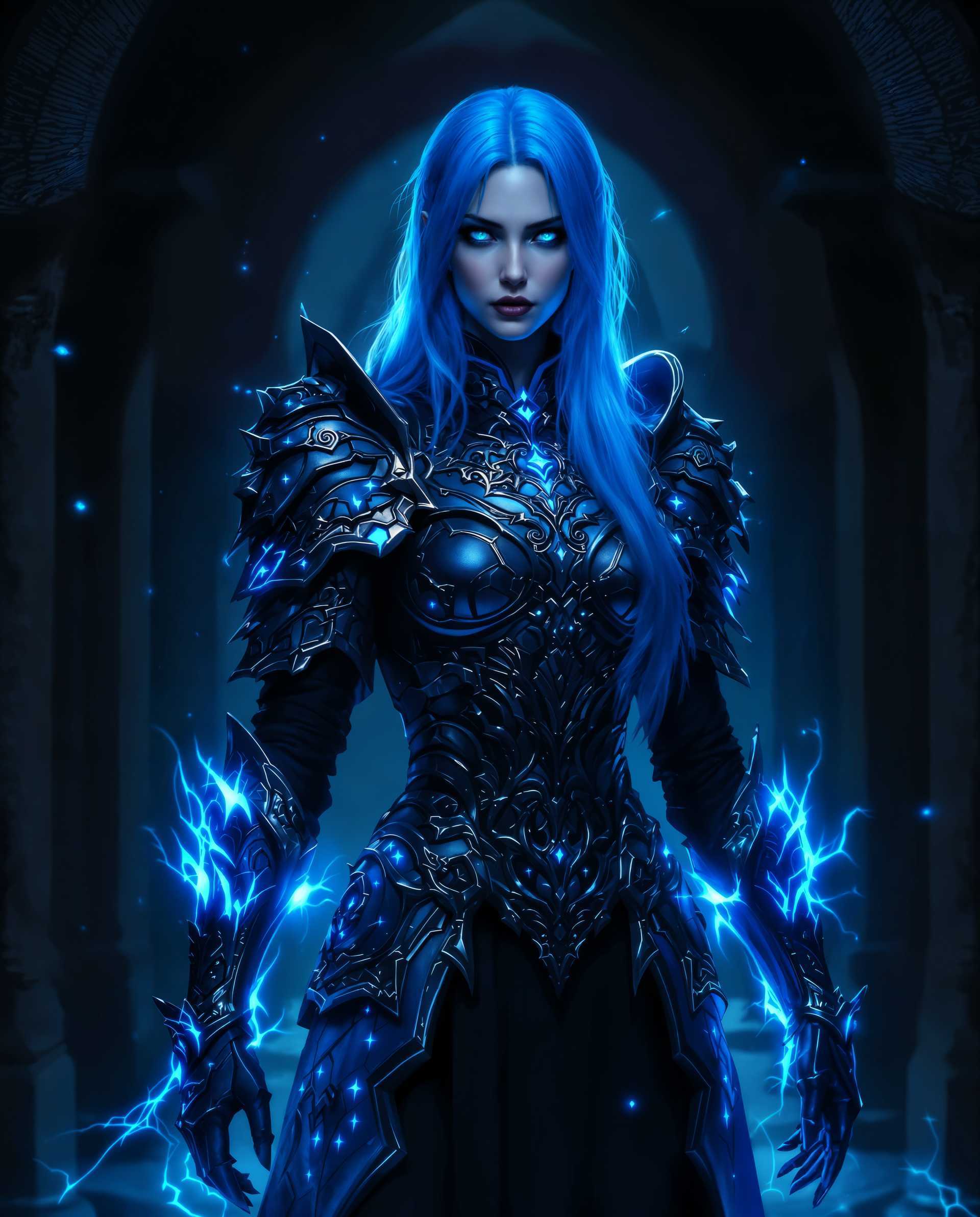 masterpiece, best quality, highres, sharp image, more detail <lora:more_details:0.5> <lora:SDXLrender_v2.0:1>, masterpiece, best quality, highres, sharp image, more detail, This is a realistic photo (photograph) of a female real person digital artwork that features a character with a striking blue hair and eyes, standing in a dark, moody environment. The character is wearing a detailed, gothic armor with intricate patterns and designs, predominantly in shades of blue and black. The armor is adorned with glowing blue elements that seem to emanate from within, giving the character a mysterious and powerful aura.The medium appears to be a digital painting, utilizing advanced techniques to create a realistic and three dimensional effect. The use of lighting and shadow is masterful, with the dark background and the blue highlights on the armor creating a dramatic contrast that emphasizes the characters presence.The colors in the image are predominantly cool tones, with deep blues and blacks dominating the palette. The blue highlights on the armor and the glowing elements add a touch of warmth to the otherwise cool color scheme. The use of these colors gives the image a sense of fantasy and other world liness.Objects in the image include the characters armor, which is the focal point, and the dark, moody environment that surrounds the character. The environment is not fully visible, but we can infer that it is a dark, possibly ruined or ancient setting, given the archway in the background and the overall atmosphere of the image.Overall, the image is a powerful and evocative piece of digital art that captures the viewers attention with its striking visuals and mysterious atmosphere.