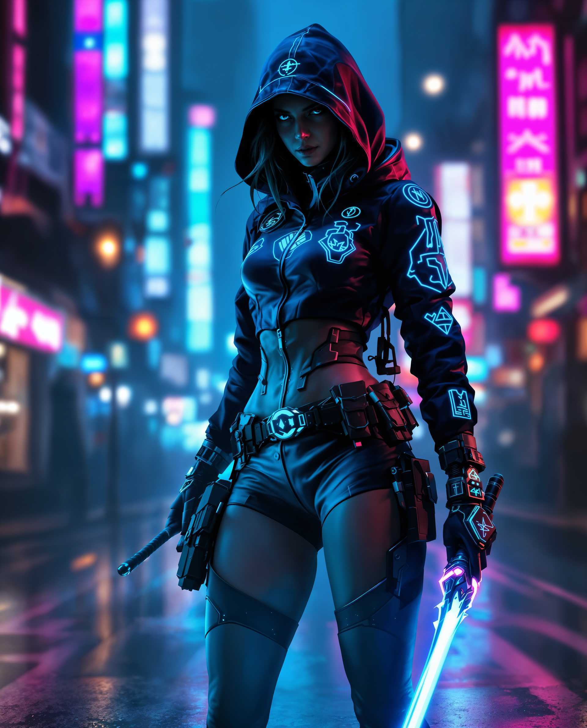 masterpiece, best quality, highres, sharp image, more detail <lora:more_details:0.5> <lora:SDXLrender_v2.0:1>, masterpiece, best quality, highres, sharp image, more detail, This image is a realistic photo (photograph) of a female real person digital artwork that captures a figure in a dynamic, action ready stance. The art style is cyberpunk, characterized by its blend of futuristic technology and urban decay, with a strong emphasis on neon lights and dark, moody tones. The medium appears to be digital painting, given the smooth gradients and seamless blending of colors. The colors in the image are predominantly dark blues and blacks, punctuated by vibrant neon blues and greens that highlight the figures glowing sword and the intricate patterns on their clothing. The use of these colors creates a stark contrast that emphasizes the figure and the glowing sword, drawing the viewers attention to these elements.The figure is clad in a sleek, hightech outfit that suggests a blend of functionality and style. The jacket is tightfitting, with a high collar and a hood that obscures the figures face, adding an air of mystery. The jacket is detailed with glowing patterns and symbols that suggest advanced technology or a form of cybernetic enhancement. The figures shorts are similarly adorned with intricate patterns, and they are equipped with a utility belt that holds various pouches and gadgets.In the figures hand is a glowing sword with a blue blade that pulses with energy. The swords hilt is ornate, with glowing runes and symbols that complement the figures outfit. The swords design suggests it may be a weapon of some significance, perhaps imbued with magic or advanced technology.The background of the image is a blurred urban night scene, with neon lights and reflections on wet surfaces that suggest recent rain. The raindrops catch the light, creating a shimmering effect that adds to the overall atmosphere of the image. The cityscape is indistinct, but the presence of towering buildings and the glimmer of lights in the distance contribute to the feeling of a bustling, futuristic metropolis.Overall, the image exudes a sense of anticipation and readiness for action, with the figure poised as if on the brink of leaping into action. The cyberpunk aesthetic and the use of vibrant colors and glowing elements create a visually striking and immersive experience.