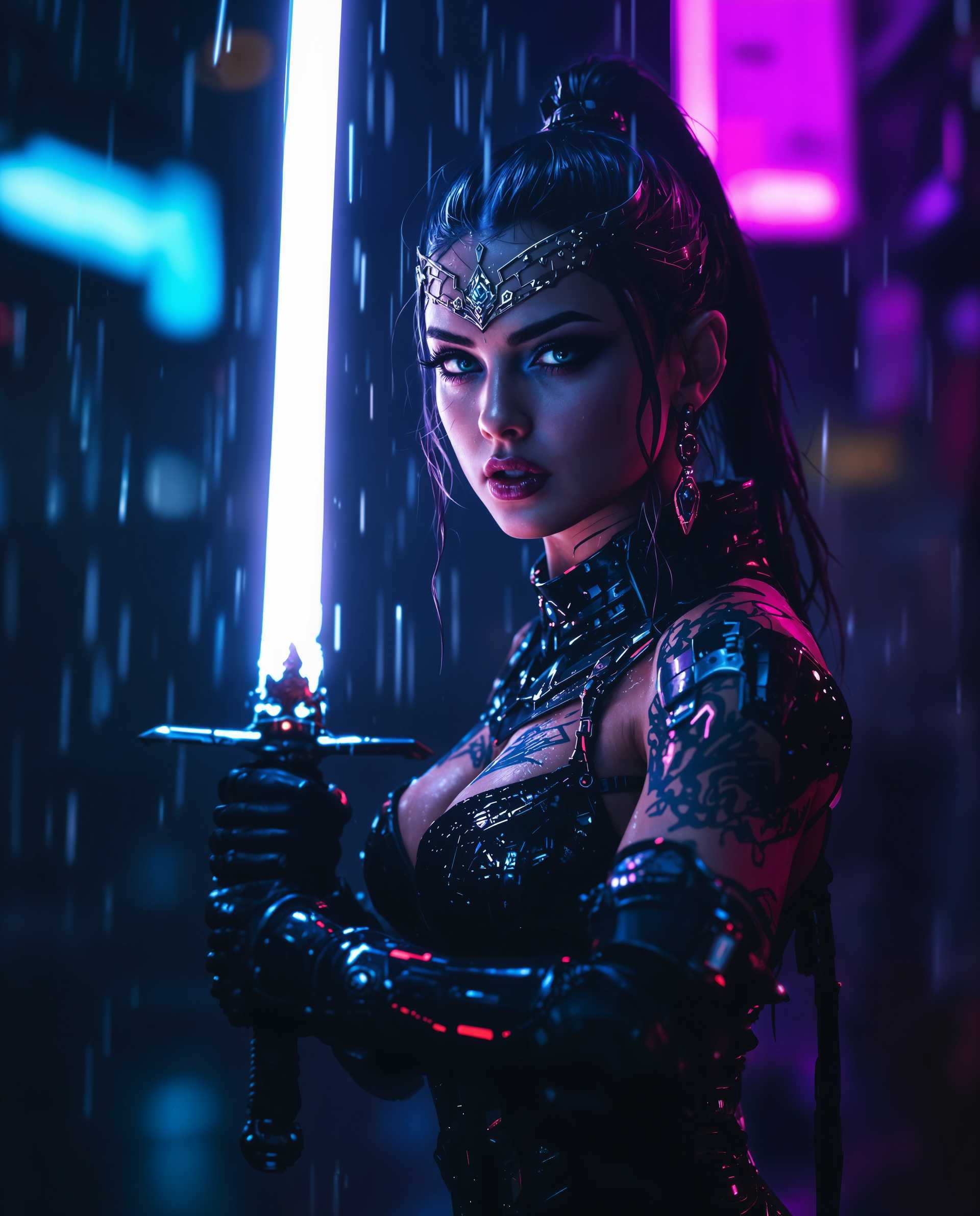 masterpiece, best quality, highres, sharp image, more detail <lora:more_details:0.5> <lora:SDXLrender_v2.0:1>, masterpiece, best quality, highres, sharp image, more detail, A photorealistic portrait of a fierce female warrior, blending cyberpunk and fantasy in a cinematic, atmospheric scene, captured as if with a DSLR camera using a 50 mm lens for shallow depth of field and 8K detail. Positioned off-center to the left against a dark, negative space background, she wields a glowing sword angled for depth, her tattooed skin and high-tech armor illuminated by moody blue and purple neon lighting in a rain-soaked, gritty urban night. Rain streaks across the frame, catching light to enhance the chaotic urgency, while dramatic highlights on her glossy armor and wet leather textures emphasize a tactile, three-dimensional quality.