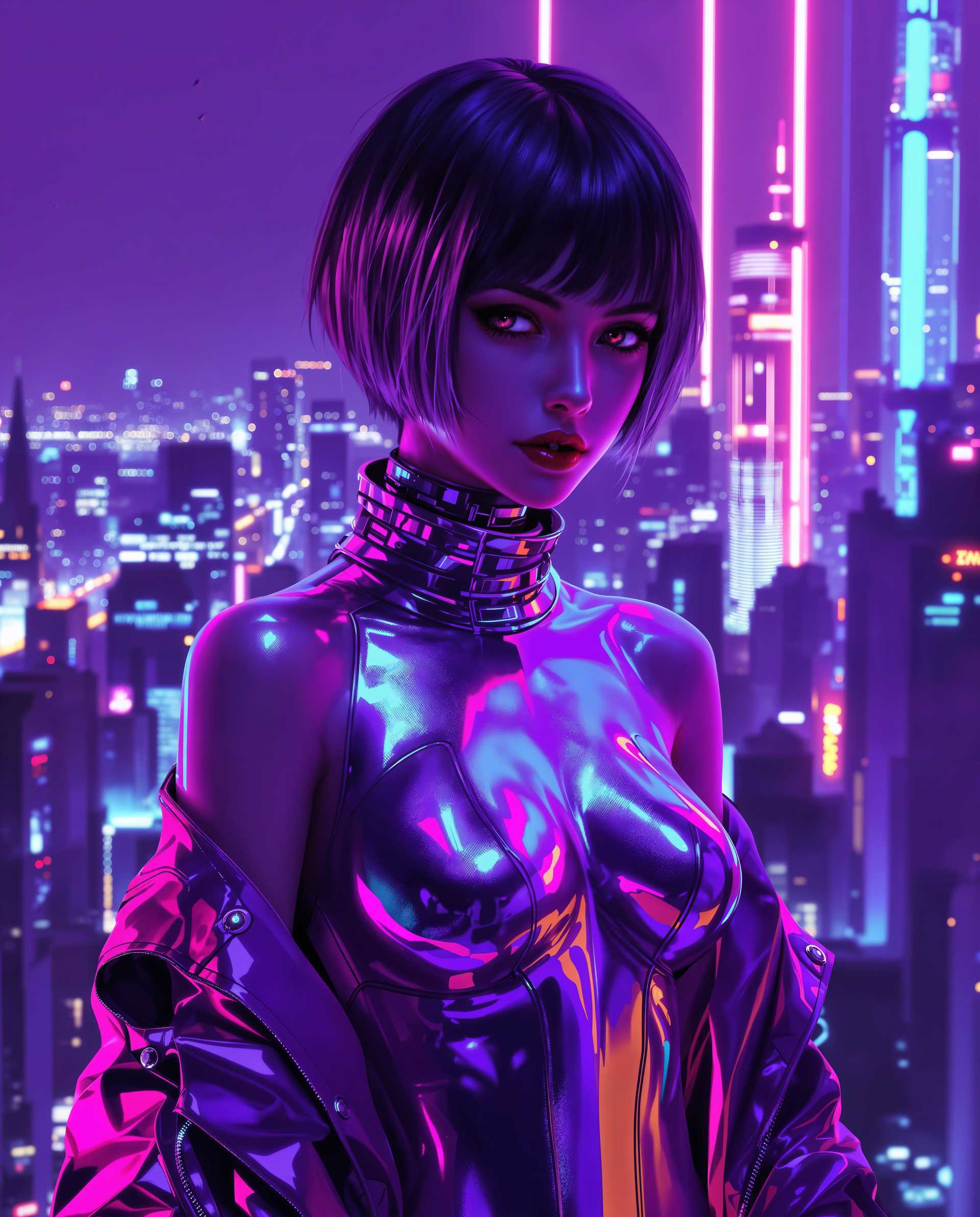 masterpiece, best quality, highres, sharp image, more detail <lora:more_details:0.5> <lora:SDXLrender_v2.0:1>, masterpiece, best quality, highres, sharp image, more detail, This image is a realistic photo (photograph) of a female real person digital artwork that features a cyberpunk inspired aesthetic. The art style is characterized by its futuristic elements, neon lights, and a blend of technology with human anatomy.The medium appears to be a digital painting, given the smooth gradients, the lack of texture, and the high level of detail that is typical in digital art. The image has a glossy finish, which adds to the cyberpunk ambiance.The colors in the image are predominantly purples and blues, with neon accents of pink and yellow. The purples range from deep violet to lighter lavender, creating a moody and atmospheric effect. The blues are cool and metallic, reminiscent of the night sky or the depths of space. The neon accents provide a stark contrast, drawing the eye and adding a sense of energy and motion.The objects in the image are primarily the figure and the cityscape in the background. The figure is wearing a tight, shiny bodysuit with a high neckline and a matching jacket. The bodysuit has a metallic sheen, reflecting the neon lights and giving the figure a sleek, robotic appearance. The jacket is draped over one shoulder, revealing the figures bare arm and shoulder. The figures hair is short and dark, with lighter purple highlights that match the overall color scheme of the outfit.The cityscape in the background is a dense cluster of skyscrapers, bathed in neon lights. The buildings are tall and narrow, with illuminated windows that suggest a vibrant, bustling city life. The neon lights create a sense of depth and movement, as if the city is alive and pulsing with energy.Overall, the image is a visually striking piece that captures the essence of cyberpunk with its blend of technology, neon lights, and futuristic fashion. The glossy finish and the use of color enhance the cyberpunk aesthetic, making the image both visually appealing and thematically rich.