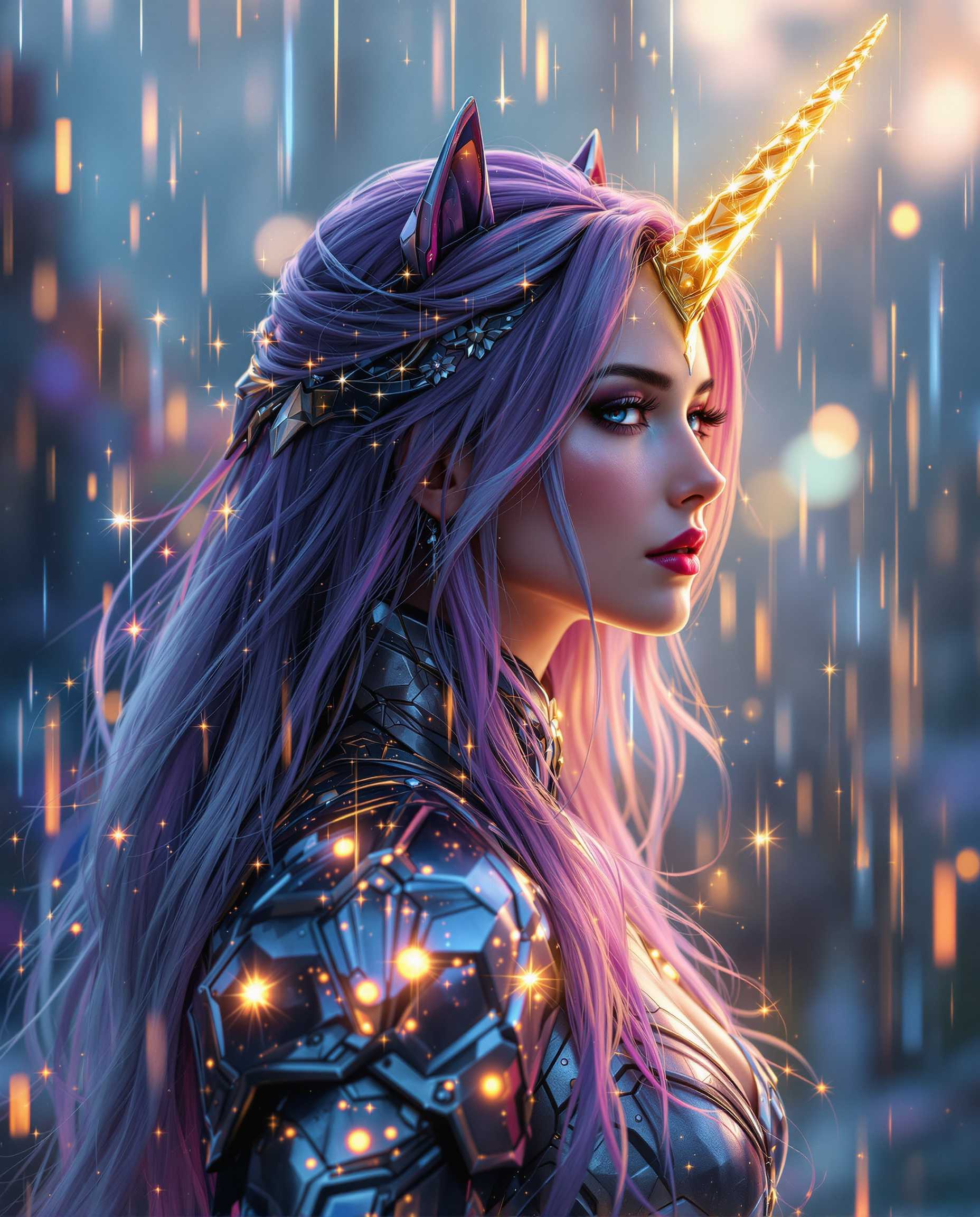 A breathtaking digital painting of a female figure in profile, embodying a fantasy and sci-fi aesthetic, captured with photorealistic precision. Her long, flowing hair shifts from deep purple to silvery tips, adorned with sparkling starlike embellishments, while a glowing golden unicorn horn on her forehead enhances her ethereal presence. She wears intricate metallic armor in purples, blues, silvers, and gold, illuminated from within, set against a blurred background of cascading raindrops in blues and purples, streaked with golden sunset light, reflecting off the armor for a magical, cinematic depth.