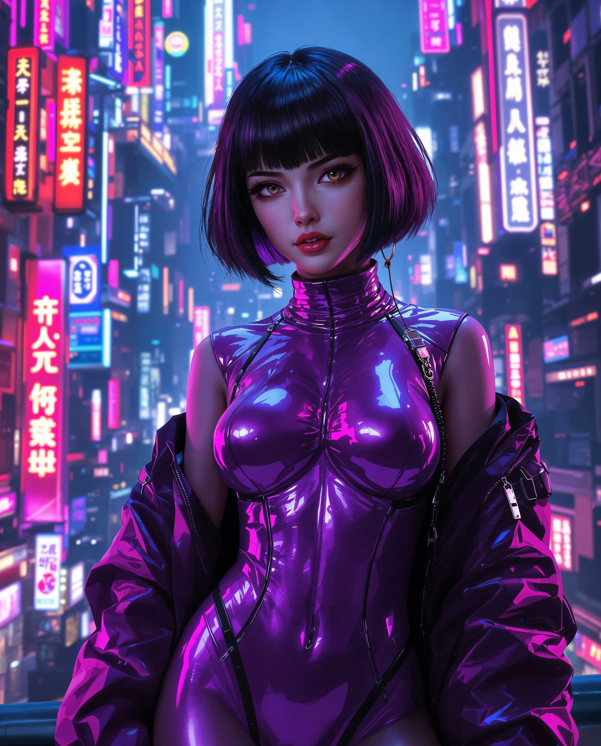 masterpiece, best quality, highres, sharp image, more detail <lora:more_details:0.5> <lora:SDXLrender_v2.0:1>, masterpiece, best quality, highres, sharp image, more detail, This image is a realistic photo (photograph) of a female real person digital artwork that features a cyberpunk inspired character. The art style is highly detailed and realistic, with a focus on the characters anatomy and the futuristic cityscape in the background. The medium appears to be a digital painting, utilizing advanced software to create the textures and lighting. The colors are rich and vibrant, with a predominance of purples, blues, and neon accents that give the image a nighttime, urban atmosphere. The lighting is dynamic, with highlights and shadows that add depth and realism to the scene.The character is dressed in a futuristic outfit that consists of a metallic, purple bodysuit with a high neckline and a matching jacket. The outfit has a sleek, formfitting design that emphasizes the characters curves. The bodysuit and jacket have a glossy finish, reflecting the neon lights in the background and adding to the overall cyberpunk aesthetic.The characters hair is short and dark, with bangs that frame the face. The hair has a slight sheen, as if its been treated with a special substance to enhance its reflective qualities.The cityscape in the background is a dense collection of skyscrapers, each adorned with neon signs and illuminated windows. The buildings are tall and narrow, with a futuristic design that suggests a hightech, advanced society. The neon signs are bright and colorful, with Chinese characters that contribute to the cyberpunk ambiance of the scene.Overall, the image is a stunning representation of cyberpunk aesthetics, with a focus on futuristic fashion and a vibrant, neonlit cityscape. The attention to detail in the characters outfit and the intricate design of the cityscape make this a visually compelling piece of art.