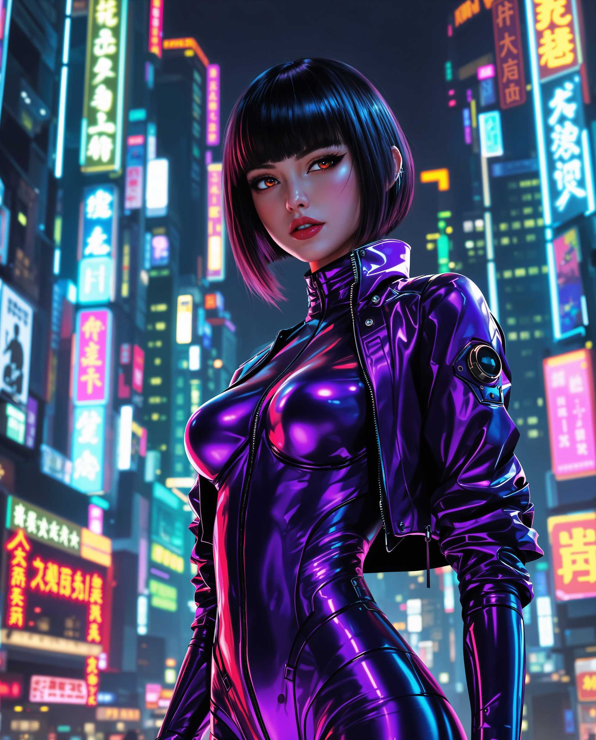 masterpiece, best quality, highres, sharp image, more detail <lora:more_details:0.5> <lora:SDXLrender_v2.0:1>, masterpiece, best quality, highres, sharp image, more detail, This image is a realistic photo (photograph) of a female real person digital artwork that features a cyberpunk inspired character. The art style is highly detailed and realistic, with a focus on the characters anatomy and the futuristic cityscape in the background. The medium appears to be a digital painting, utilizing advanced software to create the textures and lighting. The colors are rich and vibrant, with a predominance of purples, blues, and neon accents that give the image a nighttime, urban atmosphere. The lighting is dynamic, with highlights and shadows that add depth and realism to the scene.The character is dressed in a futuristic outfit that consists of a metallic, purple bodysuit with a high neckline and a matching jacket. The outfit has a sleek, formfitting design that emphasizes the characters curves. The bodysuit and jacket have a glossy finish, reflecting the neon lights in the background and adding to the overall cyberpunk aesthetic.The characters hair is short and dark, with bangs that frame the face. The hair has a slight sheen, as if its been treated with a special substance to enhance its reflective qualities.The cityscape in the background is a dense collection of skyscrapers, each adorned with neon signs and illuminated windows. The buildings are tall and narrow, with a futuristic design that suggests a hightech, advanced society. The neon signs are bright and colorful, with Chinese characters that contribute to the cyberpunk ambiance of the scene.Overall, the image is a stunning representation of cyberpunk aesthetics, with a focus on futuristic fashion and a vibrant, neonlit cityscape. The attention to detail in the characters outfit and the intricate design of the cityscape make this a visually compelling piece of art.