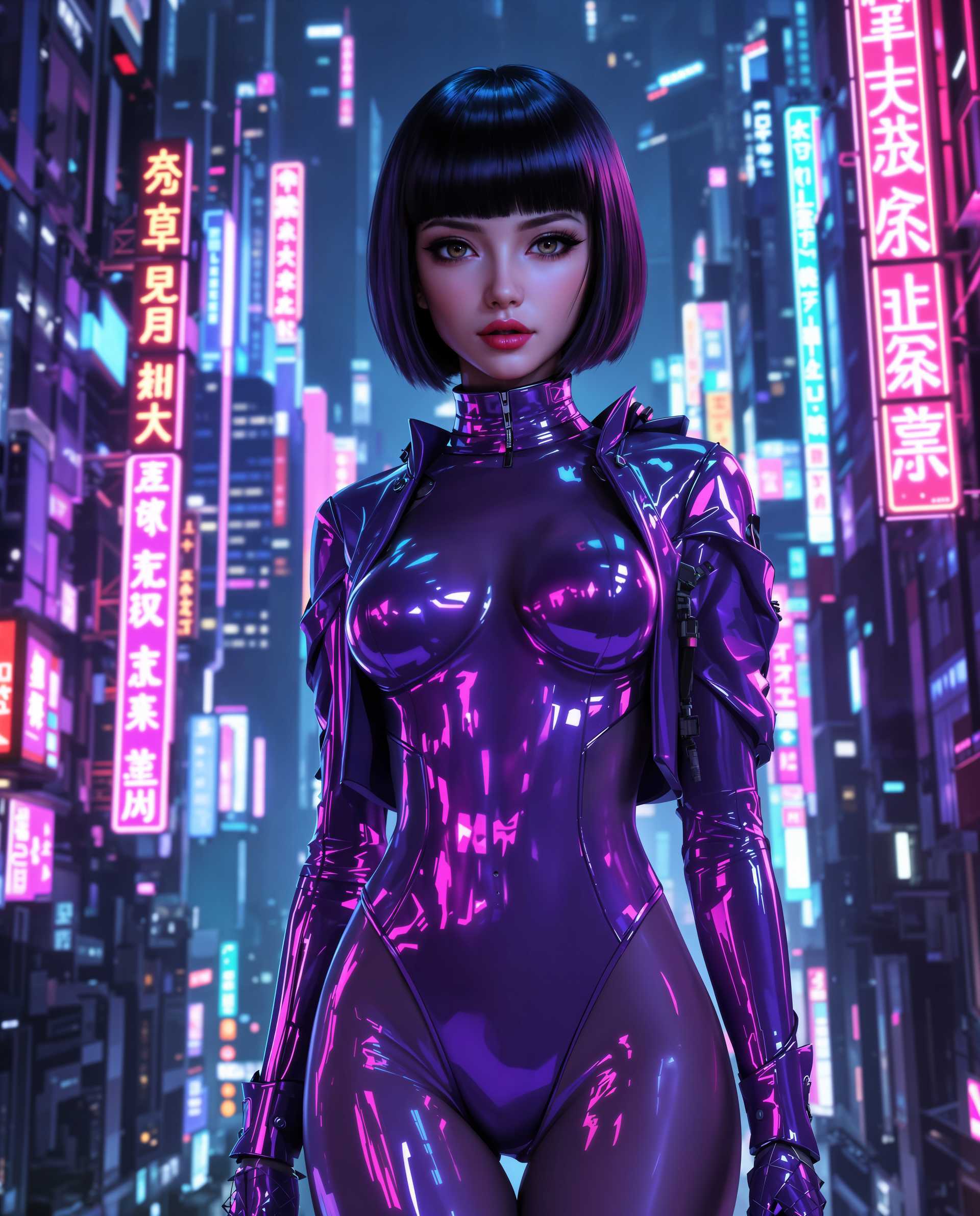 masterpiece, best quality, highres, sharp image, more detail <lora:more_details:0.5> <lora:SDXLrender_v2.0:1>, masterpiece, best quality, highres, sharp image, more detail, This image is a realistic photo (photograph) of a female real person digital artwork that features a cyberpunk inspired character. The art style is highly detailed and realistic, with a focus on the characters anatomy and the futuristic cityscape in the background. The medium appears to be a digital painting, utilizing advanced software to create the textures and lighting. The colors are rich and vibrant, with a predominance of purples, blues, and neon accents that give the image a nighttime, urban atmosphere. The lighting is dynamic, with highlights and shadows that add depth and realism to the scene.The character is dressed in a futuristic outfit that consists of a metallic, purple bodysuit with a high neckline and a matching jacket. The outfit has a sleek, formfitting design that emphasizes the characters curves. The bodysuit and jacket have a glossy finish, reflecting the neon lights in the background and adding to the overall cyberpunk aesthetic.The characters hair is short and dark, with bangs that frame the face. The hair has a slight sheen, as if its been treated with a special substance to enhance its reflective qualities.The cityscape in the background is a dense collection of skyscrapers, each adorned with neon signs and illuminated windows. The buildings are tall and narrow, with a futuristic design that suggests a hightech, advanced society. The neon signs are bright and colorful, with Chinese characters that contribute to the cyberpunk ambiance of the scene.Overall, the image is a stunning representation of cyberpunk aesthetics, with a focus on futuristic fashion and a vibrant, neonlit cityscape. The attention to detail in the characters outfit and the intricate design of the cityscape make this a visually compelling piece of art.