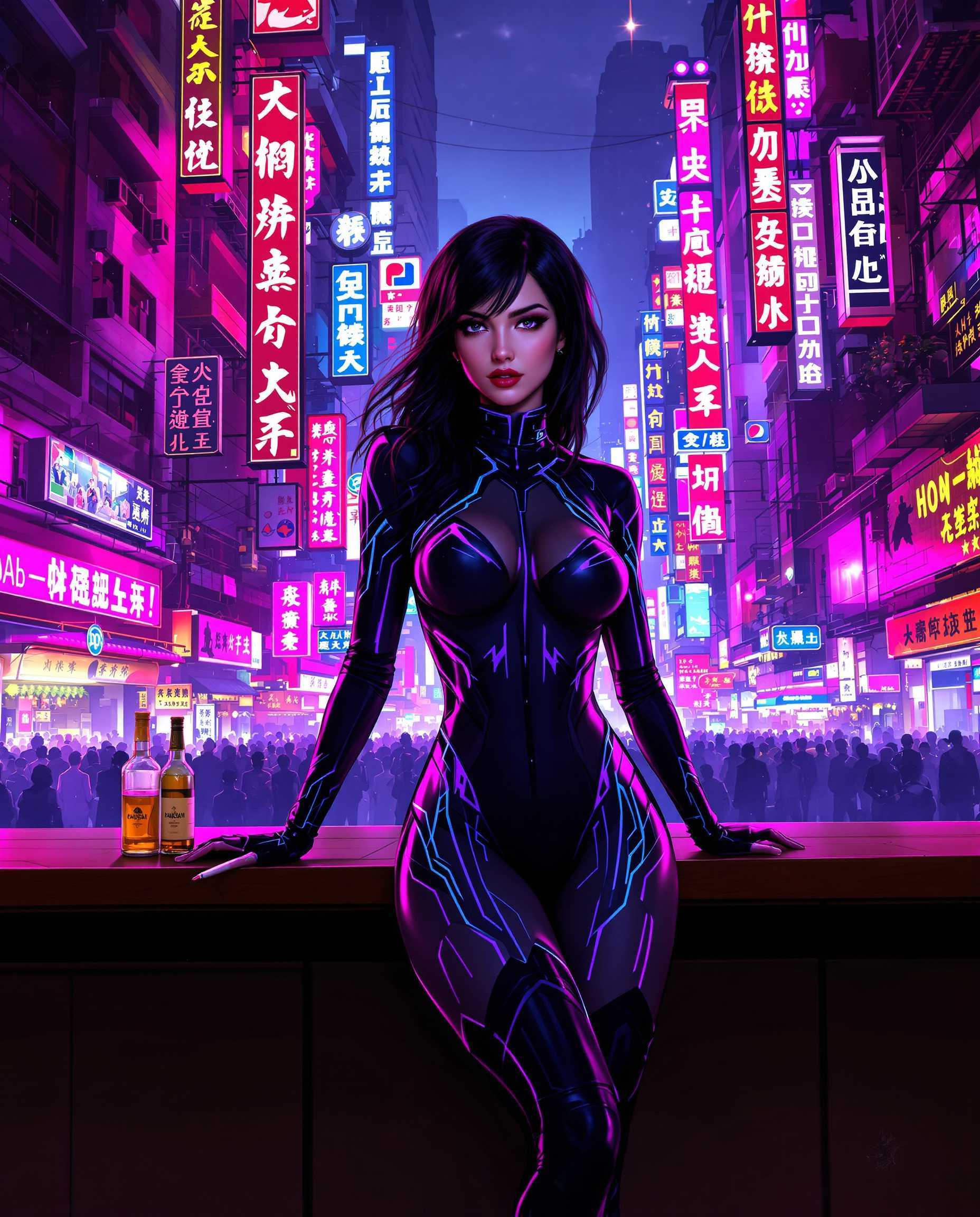 masterpiece, best quality, highres, sharp image, more detail, This image is a realistic photo (photograph) of a female real person digital artwork that captures a cyberpunk aesthetic, characterized by its futuristic, neonlit urban backdrop and the sleek, hightech attire of the central figure. The art style is realistic, with a focus on detailed line work and shading that gives the characters and objects a threedimensional appearance. The medium appears to be digital painting, as evidenced by the smooth gradients and seamless blending of colors. The image is rich in color, with a predominance of purples, blues, and neon pinks, which create a moody and atmospheric effect. The lighting in the scene is dynamic, with highlights and shadows that give depth to the characters and the cityscape.The central figure is a woman dressed in a tight, formfitting bodysuit with a high neckline and thighhigh boots. The bodysuit is primarily black with purple and blue accents, and it has a glossy finish that reflects the neon lights in the background. The suit has a futuristic design with angular lines and what appears to be holographic elements. The womans hair is dark and styled in a way that frames her face and falls over her shoulders.In the foreground, there is a bar counter with bottles of alcohol, a halffilled glass, and a cigarette, suggesting a setting that is perhaps a bar or a club. The counter is made of wood, and the grain pattern is visible, providing a contrast to the sleek, hightech elements of the womans outfit.The background is a bustling cityscape filled with neon signs, towering skyscrapers, and a crowd of people. The signs are in a mix of Chinese and English characters, indicating a multicultural or international setting. The city is alive with energy, and the neon lights cast a glow on the buildings and the figures in the crowd, creating a sense of vibrancy and motion.Overall, the image is a compelling blend of futuristic technology and urban nightlife, with a strong emphasis on the interplay between light, color, and form.