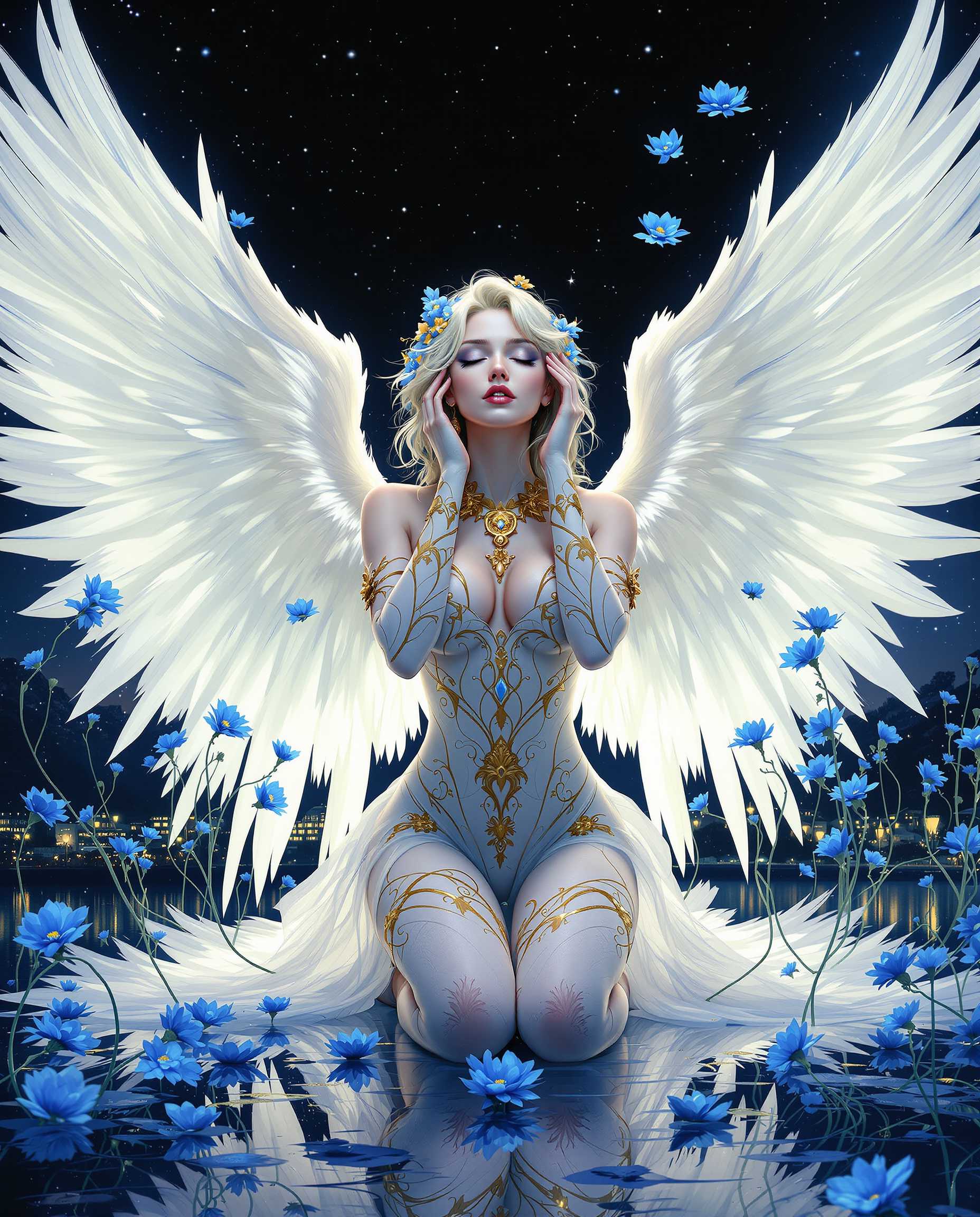 This is a realistic photo (photograph) of a female real person image that exudes a sense of fantasy and mystique, with a focus on a central figure that appears to be an angelic being. The art style is reminiscent of digital painting, with a high level of detail and attention to texture and light.The medium seems to be a digital painting, as evidenced by the smooth blending of colors and the lack of brush strokes. The use of lighting and shadow is masterful, creating a sense of depth and dimensionality in the image.The colors in the image are predominantly cool tones, with a lot of blues and purples, which gives the image a serene and otherworldly feel. The angels wings and the surrounding flowers are a brilliant white, which stands out against the dark background and adds to the ethereal quality of the image.The objects in the image include the angelic figure, who is the focal point. She has large, feathered wings that are a brilliant white, with hints of blue and gold, and is adorned with golden jewelry and flowers. Her body is covered in intricate patterns and designs, which are also in gold and blue tones. The angel is kneeling, with her hands gently resting on her head, and her eyes are closed in a peaceful expression.Around the angel are floating blue flowers, which have long stems and are delicately placed in the space around her. The flowers are also adorned with golden details, which complement the angels jewelry. The background is a dark, starry night sky, with distant lights that suggest a city or town. The ground is covered in a reflective surface, which mirrors the angel and the flowers, adding to the sense of depth and richness in the image.Overall, the image is a stunning piece of fantasy art that captures the viewers imagination with its detailed rendering, use of color, and evocative subject matter.