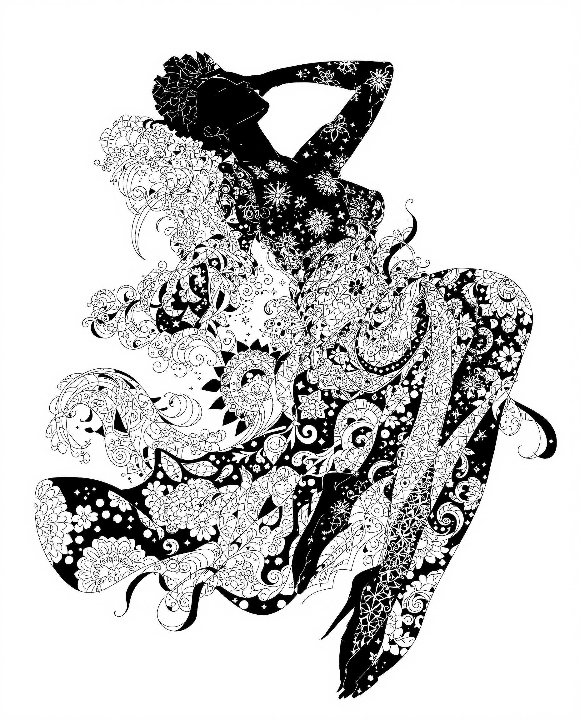 This image is a realistic photo (photograph) of a female real person striking and detailed illustration that features a reclining figure draped in an elaborate, ornate garment. The art style is reminiscent of Japanese manga or anime, with its clean lines, bold outlines, and a focus on the human form. The medium appears to be digital painting, given the smooth blending of colors and the lack of texture that might be present in traditional mediums like oil or watercolor.The colors in the image are primarily black and white, with a few accents of gray. The figure is predominantly black, with the white and gray patterns creating a stark contrast that emphasizes the intricate details of the garment. The background is a monochromatic white, which serves to highlight the figure and the elaborate patterns on her clothing.The figure is adorned with a complex array of patterns, including floral motifs, geometric shapes, and swirling designs. These patterns are symmetrically arranged across the figure, creating a sense of balance and harmony. The patterns are also repeated on the flowing fabric of her garment, which cascades around her in a way that suggests movement and fluidity.The figures pose is relaxed and languid, with one arm resting behind her head and the other extended to the side. Her legs are crossed, and her body is angled in a way that suggests comfort and ease. The overall composition of the image is static, yet theres a sense of motion and grace that is conveyed through the figures posture and the flowing lines of her garment.In summary, this image is a digital painting that features a reclining figure draped in an elaborate, ornate garment with intricate patterns. The art style is reminiscent of Japanese manga or anime, with a focus on the human form and a monochromatic color scheme of black, white, and gray. The patterns on the figure and her garment create a sense of balance and harmony, while the figures pose and the flowing lines of her garment convey a sense of motion and grace.