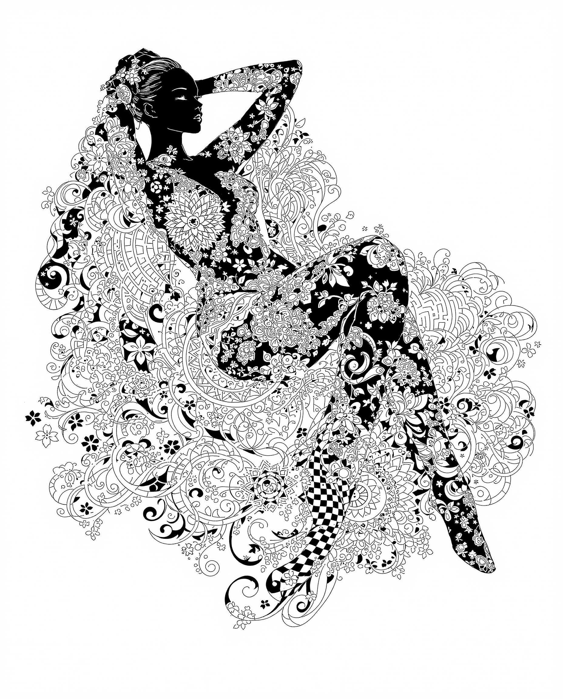 This image is a realistic photo (photograph) of a female real person striking and detailed illustration that features a reclining figure draped in an elaborate, ornate garment. The art style is reminiscent of Japanese manga or anime, with its clean lines, bold outlines, and a focus on the human form. The medium appears to be digital painting, given the smooth blending of colors and the lack of texture that might be present in traditional mediums like oil or watercolor.The colors in the image are primarily black and white, with a few accents of gray. The figure is predominantly black, with the white and gray patterns creating a stark contrast that emphasizes the intricate details of the garment. The background is a monochromatic white, which serves to highlight the figure and the elaborate patterns on her clothing.The figure is adorned with a complex array of patterns, including floral motifs, geometric shapes, and swirling designs. These patterns are symmetrically arranged across the figure, creating a sense of balance and harmony. The patterns are also repeated on the flowing fabric of her garment, which cascades around her in a way that suggests movement and fluidity.The figures pose is relaxed and languid, with one arm resting behind her head and the other extended to the side. Her legs are crossed, and her body is angled in a way that suggests comfort and ease. The overall composition of the image is static, yet theres a sense of motion and grace that is conveyed through the figures posture and the flowing lines of her garment.In summary, this image is a digital painting that features a reclining figure draped in an elaborate, ornate garment with intricate patterns. The art style is reminiscent of Japanese manga or anime, with a focus on the human form and a monochromatic color scheme of black, white, and gray. The patterns on the figure and her garment create a sense of balance and harmony, while the figures pose and the flowing lines of her garment convey a sense of motion and grace.