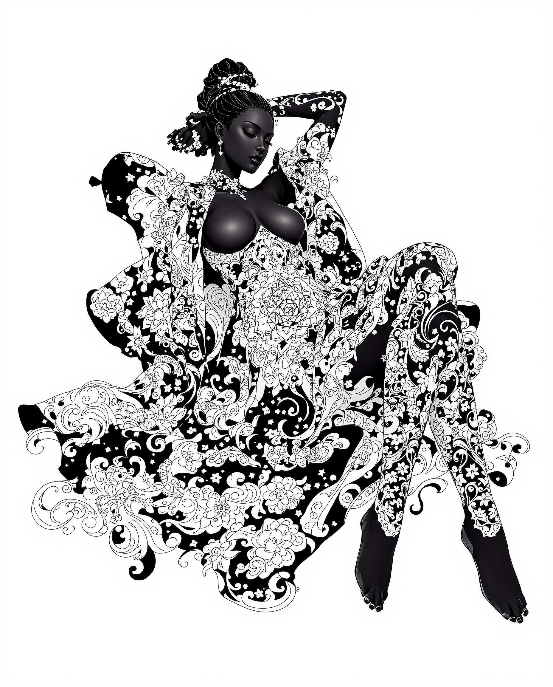 This image is a realistic photo (photograph) of a female real person striking and detailed illustration that features a reclining figure draped in an elaborate, ornate garment. The art style is reminiscent of Japanese manga or anime, with its clean lines, bold outlines, and a focus on the human form. The medium appears to be digital painting, given the smooth blending of colors and the lack of texture that might be present in traditional mediums like oil or watercolor.The colors in the image are primarily black and white, with a few accents of gray. The figure is predominantly black, with the white and gray patterns creating a stark contrast that emphasizes the intricate details of the garment. The background is a monochromatic white, which serves to highlight the figure and the elaborate patterns on her clothing.The figure is adorned with a complex array of patterns, including floral motifs, geometric shapes, and swirling designs. These patterns are symmetrically arranged across the figure, creating a sense of balance and harmony. The patterns are also repeated on the flowing fabric of her garment, which cascades around her in a way that suggests movement and fluidity.The figures pose is relaxed and languid, with one arm resting behind her head and the other extended to the side. Her legs are crossed, and her body is angled in a way that suggests comfort and ease. The overall composition of the image is static, yet theres a sense of motion and grace that is conveyed through the figures posture and the flowing lines of her garment.In summary, this image is a digital painting that features a reclining figure draped in an elaborate, ornate garment with intricate patterns. The art style is reminiscent of Japanese manga or anime, with a focus on the human form and a monochromatic color scheme of black, white, and gray. The patterns on the figure and her garment create a sense of balance and harmony, while the figures pose and the flowing lines of her garment convey a sense of motion and grace.