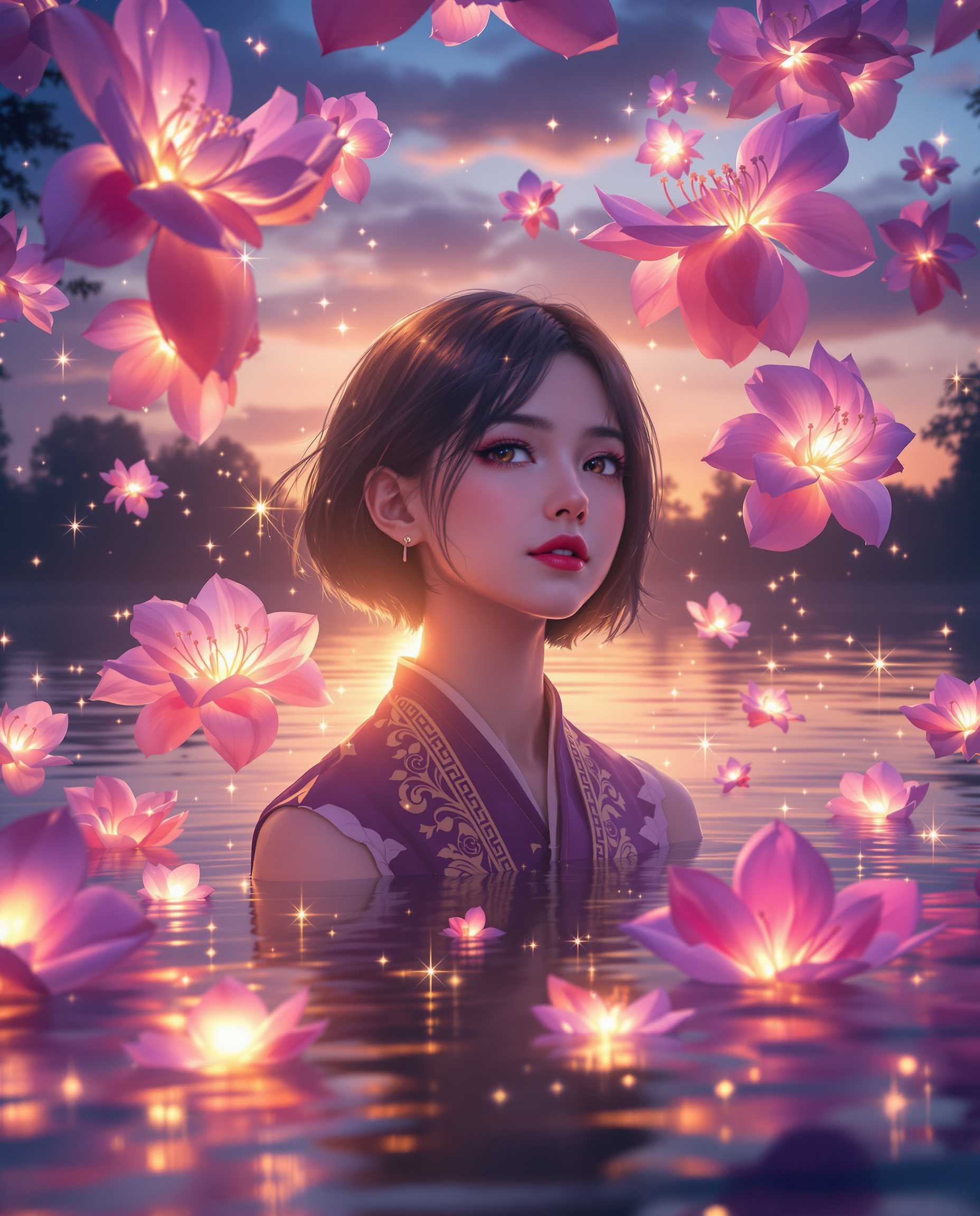 This image is a realistic photo (photograph) of a female real person digital artwork that exudes a surreal and dreamlike quality. The art style is reminiscent of a fantasy genre, with a focus on the interplay of light and shadow to create a sense of depth and dimension.The medium appears to be a digital painting, given the smooth gradients and seamless blending of colors. The image is rich in texture, from the roughness of the girls hair to the soft petals of the flowers.The colors in the image are vibrant and dynamic, with a predominance of purples, blues, and pinks. These colors are complemented by the warm glow of the flowers and the sparkling lights, which add contrast and a sense of otherworldliness. The lighting in the scene is particularly striking, with the sun casting a golden hue over the water and the girls skin, creating a luminous effect.The objects in the image include the girl, who is the central figure. She has short, dark hair and is wearing a traditional garment with intricate patterns. Her expression is serene and introspective, as if she is lost in thought or feeling a deep connection with the surrounding environment. The girl is surrounded by floating flowers, which are illuminated from within, giving them a soft, ethereal quality. The flowers are various shades of pink and purple, with some having a translucent quality that allows the light to pass through. There are also sparkling lights scattered throughout the scene, adding to the magical atmosphere.In the background, there is a body of water reflecting the sky and the lights from the flowers. The waters surface is calm, with gentle ripples that catch the light. Beyond the water, there is a silhouette of trees and a faint outline of the sky, which transitions from a deep blue to a warm orange hue, suggesting the time is either dawn or dusk.Overall, the image is a captivating blend of fantasy, nature, and light, inviting the viewer into a world where reality and imagination merge seamlessly.