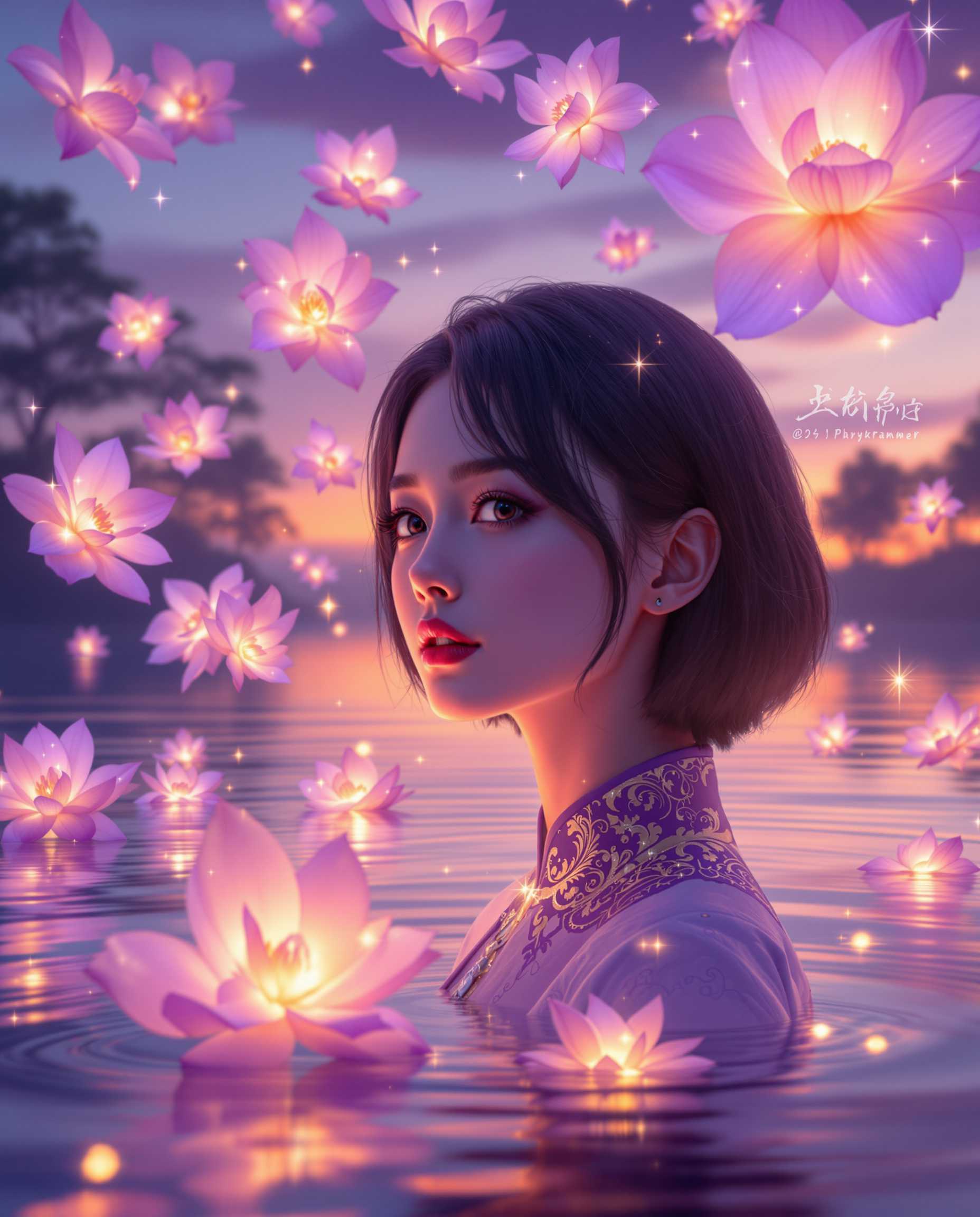 This image is a realistic photo (photograph) of a female real person digital artwork that exudes a surreal and dreamlike quality. The art style is reminiscent of a fantasy genre, with a focus on the interplay of light and shadow to create a sense of depth and dimension.The medium appears to be a digital painting, given the smooth gradients and seamless blending of colors. The image is rich in texture, from the roughness of the girls hair to the soft petals of the flowers.The colors in the image are vibrant and dynamic, with a predominance of purples, blues, and pinks. These colors are complemented by the warm glow of the flowers and the sparkling lights, which add contrast and a sense of otherworldliness. The lighting in the scene is particularly striking, with the sun casting a golden hue over the water and the girls skin, creating a luminous effect.The objects in the image include the girl, who is the central figure. She has short, dark hair and is wearing a traditional garment with intricate patterns. Her expression is serene and introspective, as if she is lost in thought or feeling a deep connection with the surrounding environment. The girl is surrounded by floating flowers, which are illuminated from within, giving them a soft, ethereal quality. The flowers are various shades of pink and purple, with some having a translucent quality that allows the light to pass through. There are also sparkling lights scattered throughout the scene, adding to the magical atmosphere.In the background, there is a body of water reflecting the sky and the lights from the flowers. The waters surface is calm, with gentle ripples that catch the light. Beyond the water, there is a silhouette of trees and a faint outline of the sky, which transitions from a deep blue to a warm orange hue, suggesting the time is either dawn or dusk.Overall, the image is a captivating blend of fantasy, nature, and light, inviting the viewer into a world where reality and imagination merge seamlessly.