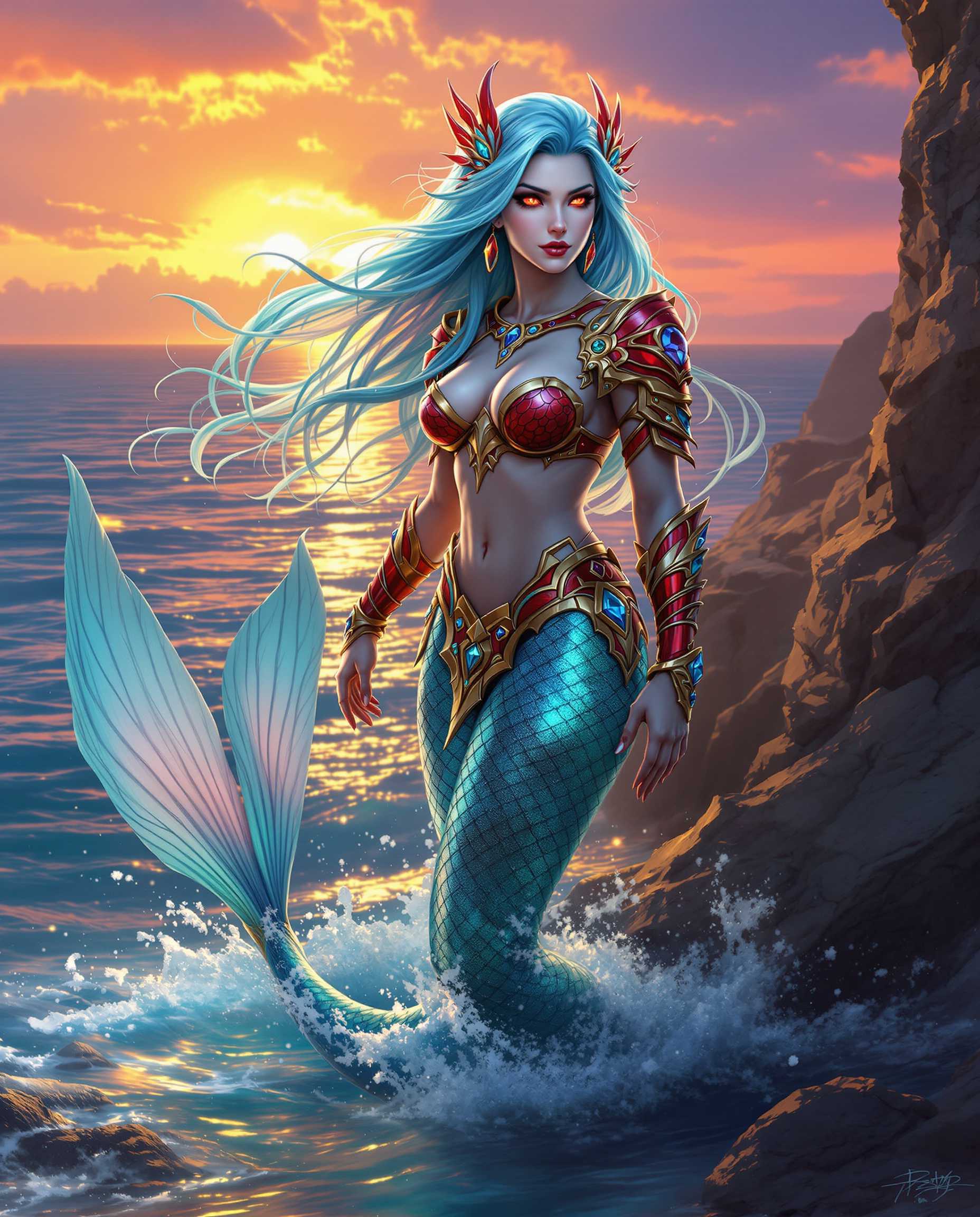 This is a realistic photo (photograph) of a female real person image of a fantastical character that appears to be a mermaid, with a blend of human and aquatic elements. The character is depicted in a dynamic pose, standing on rocky terrain that juts out of the water, with the oceans surface gently lapping around her feet.The mermaid has long, flowing hair that cascades down her back and shoulders, transitioning from a deep, aqua blue at the roots to a lighter, almost turquoise hue at the tips. The hair is adorned with ornate, red and gold accessories that resemble sea shells and seaweed, adding to the mythical allure of the character.Her skin is a pale, icy blue, which contrasts with the warm tones of the setting sun in the background. The mermaids eyes are a striking shade of red, which gives her a fierce and commanding presence. Her gaze is directed off to the side, giving the impression that she is watching something or someone of great interest.She is wearing a detailed, red and gold armor that covers her torso and arms, with intricate designs that suggest scales and aquatic motifs. The armor is adorned with various jewels and crystals, which catch the light and reflect the colors of the ocean. The armor is fitted closely to her body, highlighting her curves and muscular build.The mermaids tail is a shimmering, iridescent blue, with scales that shimmer in the sunlight. The tail flukes out behind her, with the tips curling upwards, as if she is caught in a moment of graceful movement.The background of the image is a stunning sunset, with the sky painted in shades of orange, pink, and purple. The sun is setting behind the horizon, casting a warm glow over the scene and highlighting the silhouette of the mermaid against the vibrant sky. The ocean mirrors the colors of the sunset, with gentle waves and ripples that catch the light.Overall, the art style of the image is digital fantasy, with a high level of detail and attention to color and light. The medium appears to be a digital painting, with a smooth texture and a realistic quality that brings the character and her surroundings to life. The colors are rich and vibrant, with a harmonious blend of cool blues and warm sunset hues that create a visually striking contrast. The objects in the image, such as the mermaids hair, armor, and tail, are intricately designed and rendered, with attention to texture and detail that gives them a lifelike quality.
