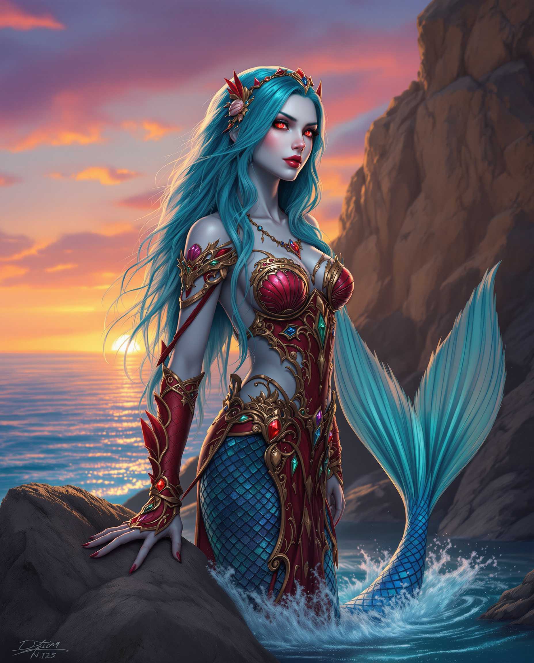 This is a realistic photo (photograph) of a female real person image of a fantastical character that appears to be a mermaid, with a blend of human and aquatic elements. The character is depicted in a dynamic pose, standing on rocky terrain that juts out of the water, with the oceans surface gently lapping around her feet.The mermaid has long, flowing hair that cascades down her back and shoulders, transitioning from a deep, aqua blue at the roots to a lighter, almost turquoise hue at the tips. The hair is adorned with ornate, red and gold accessories that resemble sea shells and seaweed, adding to the mythical allure of the character.Her skin is a pale, icy blue, which contrasts with the warm tones of the setting sun in the background. The mermaids eyes are a striking shade of red, which gives her a fierce and commanding presence. Her gaze is directed off to the side, giving the impression that she is watching something or someone of great interest.She is wearing a detailed, red and gold armor that covers her torso and arms, with intricate designs that suggest scales and aquatic motifs. The armor is adorned with various jewels and crystals, which catch the light and reflect the colors of the ocean. The armor is fitted closely to her body, highlighting her curves and muscular build.The mermaids tail is a shimmering, iridescent blue, with scales that shimmer in the sunlight. The tail flukes out behind her, with the tips curling upwards, as if she is caught in a moment of graceful movement.The background of the image is a stunning sunset, with the sky painted in shades of orange, pink, and purple. The sun is setting behind the horizon, casting a warm glow over the scene and highlighting the silhouette of the mermaid against the vibrant sky. The ocean mirrors the colors of the sunset, with gentle waves and ripples that catch the light.Overall, the art style of the image is digital fantasy, with a high level of detail and attention to color and light. The medium appears to be a digital painting, with a smooth texture and a realistic quality that brings the character and her surroundings to life. The colors are rich and vibrant, with a harmonious blend of cool blues and warm sunset hues that create a visually striking contrast. The objects in the image, such as the mermaids hair, armor, and tail, are intricately designed and rendered, with attention to texture and detail that gives them a lifelike quality.