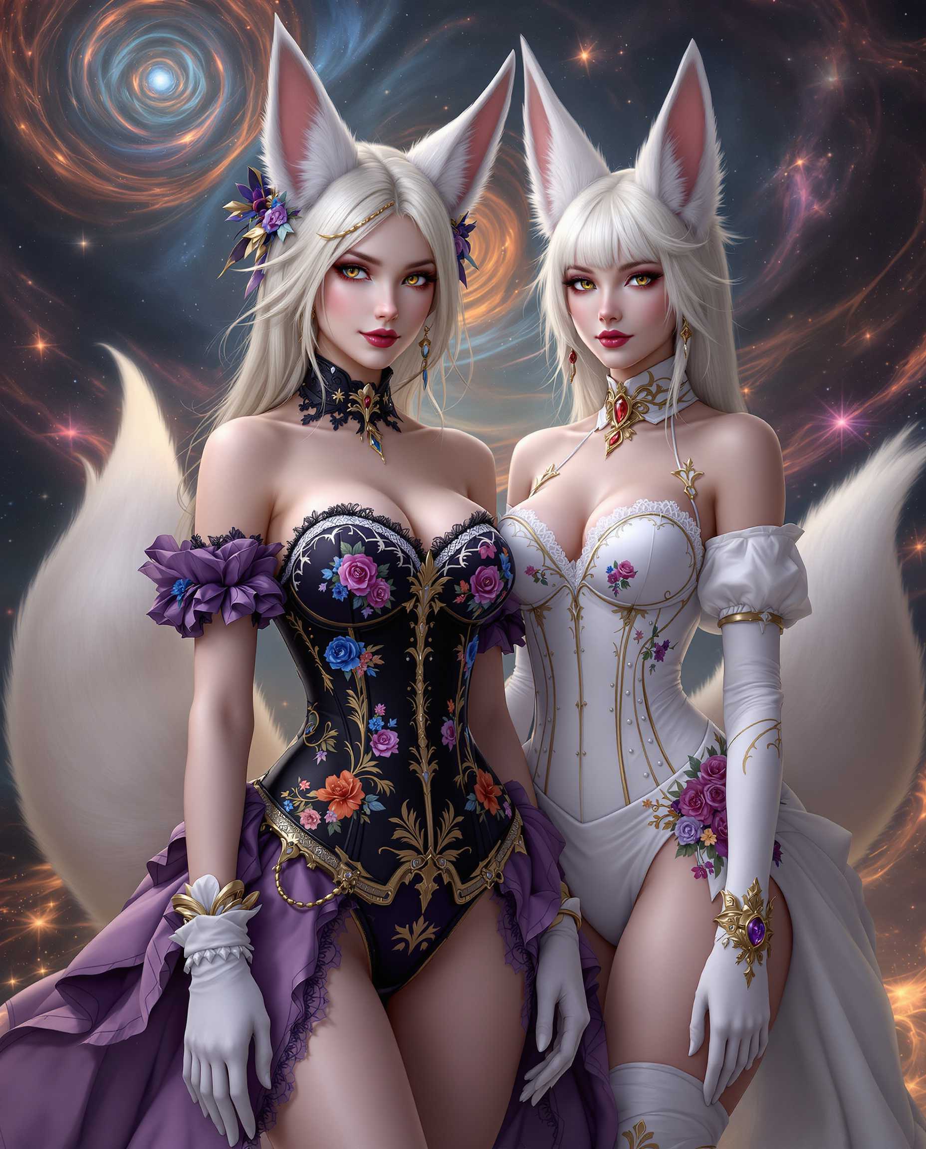 This is a realistic photo (photograph) of a female real person intricate and detailed digital artwork that features two characters with a fantasy aesthetic. The art style is realistic, with a focus on smooth lines, soft shading, and a high level of detail in the clothing and accessories.The medium appears to be a digital painting, given the smooth blending of colors and the lack of texture that might be present in a traditional painting. The use of lighting and shadow is expertly done, creating a sense of depth and dimension in the characters and the background.The colors in the image are rich and vibrant, with a predominance of purples, blues, and pinks in the clothing and accessories. The characters skin tones are a soft, warm flesh color, which contrasts nicely with the cooler colors of their outfits. The use of gold and red accents adds a touch of opulence and highlights the ornate details of their attire.The objects in the image are primarily clothing and accessories. The character on the left is wearing a black corset with a floral pattern in blue, red, and orange. The corset is detailed with lace and gold trim, and the character also wears a pair of white gloves with a similar lace and gold design. The character on the right is adorned in a white outfit with a similar floral pattern, but the colors are more subdued. Both characters have foxlike ears and tails, with the character on the right having white fur and the character on the left having black fur with hints of purple.In the background, there is a cosmic scene with swirling patterns and a fiery glow, suggesting a magical or otherworldly setting. The overall effect is one of fantasy and enchantment, with a strong emphasis on the characters detailed costumes and the dramatic, otherworldly backdrop.