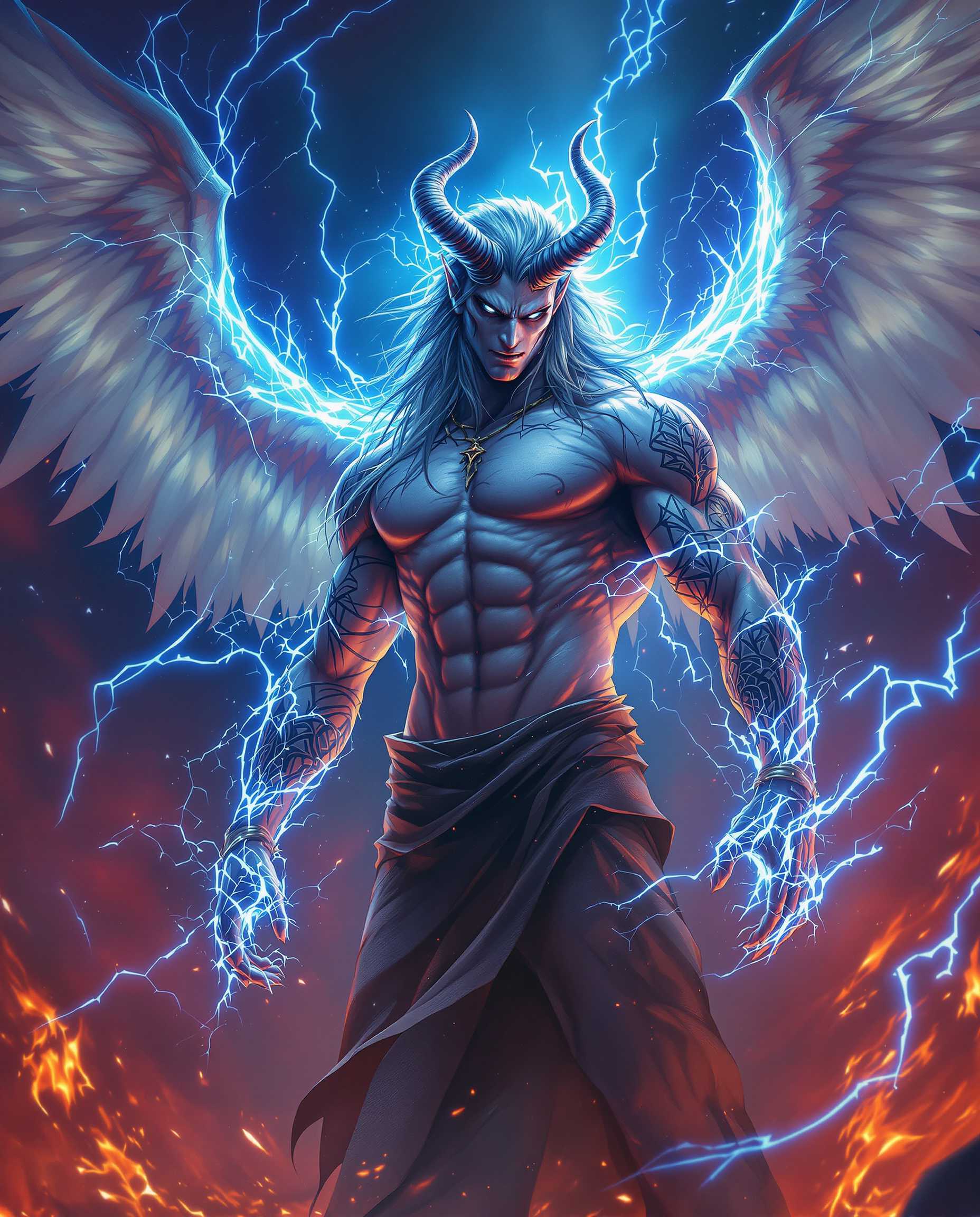 This is a realistic photo (photograph) of a male demon image that exudes a sense of fantasy and power, featuring a character that appears to be a demon or a powerful entity. The art style is reminiscent of digital fantasy art, with a focus on detailed textures and a cinematic quality.The medium appears to be digital painting, given the smooth blending of colors and the lack of brush strokes. The use of lighting and shadow is masterful, creating a sense of depth and drama in the scene.The colors are vivid and dynamic, with a predominance of blues and purples that give the image a cool, otherworldly feel. The fiery reds and oranges in the background create a stark contrast, adding to the sense of chaos and power. The use of highlights and shadows in the characters skin and clothing gives it a realistic texture, while the wings and the energy effects are rendered with a more fantastical flair.The objects in the image are primarily the characters body and wings. The character has long, flowing hair and horns that curve back, giving off a sense of movement. The wings are expansive and feathered, with a translucent quality that allows the light to pass through, creating a ghostly effect. The characters muscular physique is welldefined, with intricate tattoos covering the skin. The energy effects around the character are swirling and electric, with streaks of light and dark that suggest a powerful magical force.Overall, the image is a compelling blend of fantasy and power, with a focus on detailed textures and a cinematic quality. The use of color and lighting is masterful, creating a sense of depth and drama in the scene.