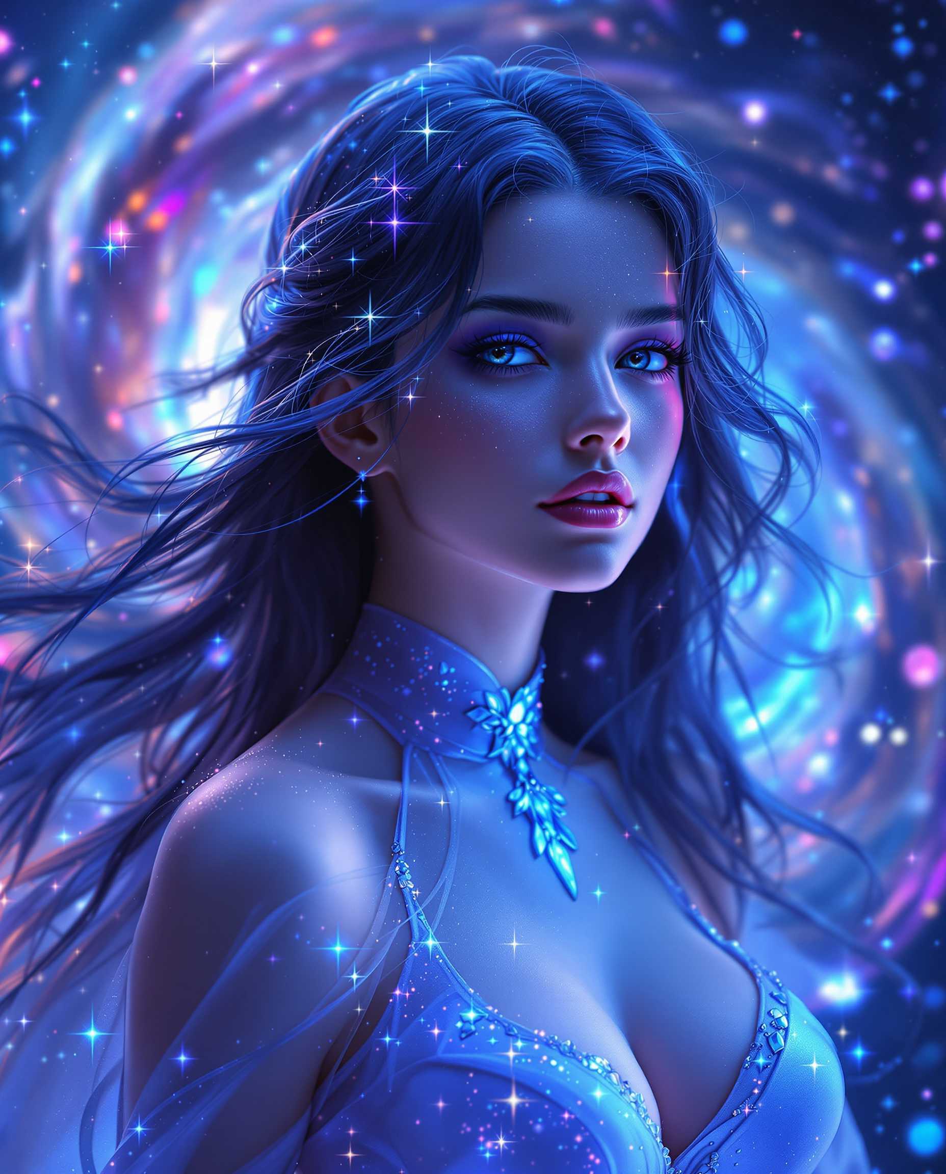 This image is a realistic photo (photograph) of a female real person digital artwork that exudes a sense of fantasy and otherworldliness. The art style is reminiscent of digital painting with a touch of realistic influence, characterized by smooth lines, soft shading, and a high level of detail. The medium appears to be a digital painting software, given the seamless blending of colors and the lack of texture that might be present in a traditional painting.The colors in the image are predominantly shades of blue, ranging from deep navy to light sky blue, with touches of purple and pink. These colors create a cool, ethereal atmosphere. The highlights on the subjects hair and clothing are a bright neon blue, which stands out against the darker background, drawing the viewers eye. The use of light and shadow is subtle but effective, with the light accentuating the contours of the subjects face and body, and the shadow adding depth and dimension.Objects in the image include the subject, who is the focal point. The subject appears to be a female with flowing hair that cascades around her shoulders and chest. The hair is detailed with strands of light, resembling stars or cosmic dust, which contribute to the overall otherworldly feel of the image. The subject is wearing a garment that seems to be made of the same luminescent material as her hair, with sparkling embellishments that shimmer in the light.The background is a swirl of cosmic imagery, reminiscent of a galaxy or nebula. It is a dense cluster of stars and cosmic dust, with varying shades of blue and purple, and it seems to emanate from within the subject, suggesting a connection between her and the universe. The background is blurred and out of focus, drawing the viewers attention back to the subject.Overall, the image is a captivating blend of fantasy and science fiction, with a strong emphasis on color, light, and the interplay between the subject and her cosmic surroundings.