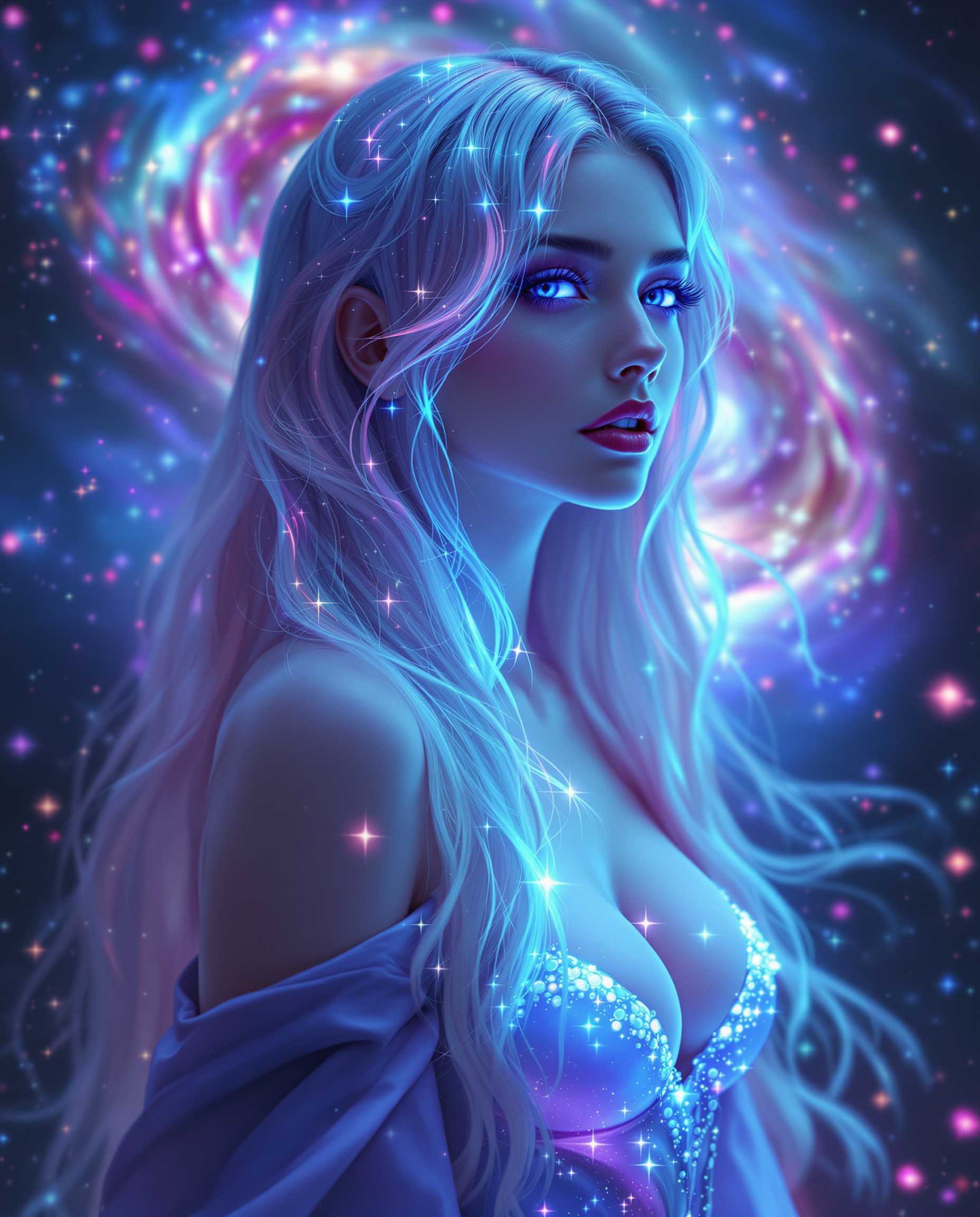 This image is a realistic photo (photograph) of a female real person digital artwork that exudes a sense of fantasy and otherworldliness. The art style is reminiscent of digital painting with a touch of realistic influence, characterized by smooth lines, soft shading, and a high level of detail. The medium appears to be a digital painting software, given the seamless blending of colors and the lack of texture that might be present in a traditional painting.The colors in the image are predominantly shades of blue, ranging from deep navy to light sky blue, with touches of purple and pink. These colors create a cool, ethereal atmosphere. The highlights on the subjects hair and clothing are a bright neon blue, which stands out against the darker background, drawing the viewers eye. The use of light and shadow is subtle but effective, with the light accentuating the contours of the subjects face and body, and the shadow adding depth and dimension.Objects in the image include the subject, who is the focal point. The subject appears to be a female with flowing hair that cascades around her shoulders and chest. The hair is detailed with strands of light, resembling stars or cosmic dust, which contribute to the overall otherworldly feel of the image. The subject is wearing a garment that seems to be made of the same luminescent material as her hair, with sparkling embellishments that shimmer in the light.The background is a swirl of cosmic imagery, reminiscent of a galaxy or nebula. It is a dense cluster of stars and cosmic dust, with varying shades of blue and purple, and it seems to emanate from within the subject, suggesting a connection between her and the universe. The background is blurred and out of focus, drawing the viewers attention back to the subject.Overall, the image is a captivating blend of fantasy and science fiction, with a strong emphasis on color, light, and the interplay between the subject and her cosmic surroundings.