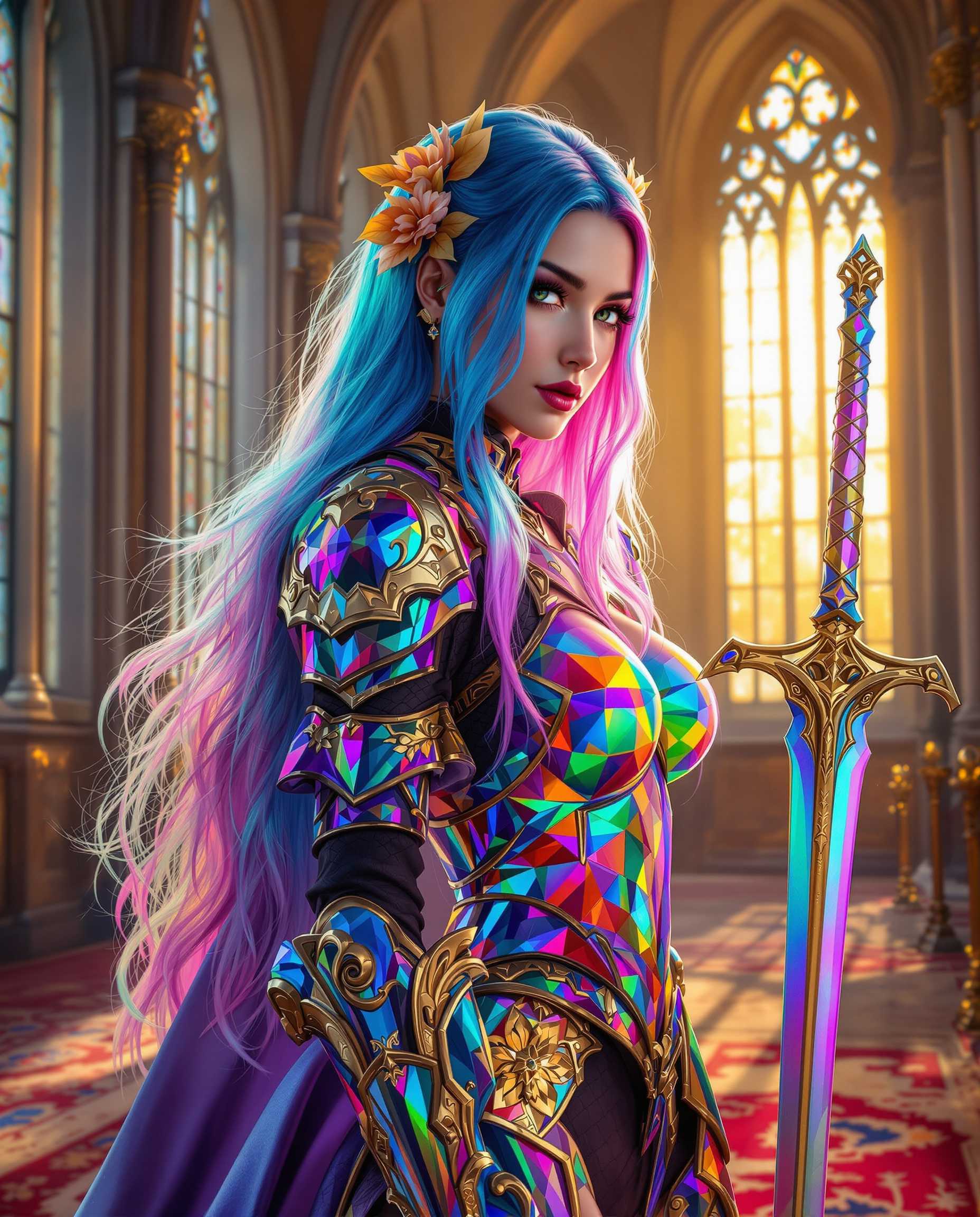 This is a realistic photo (photograph) of a female real person image that exudes a fantasy and realistic inspired art style. The medium appears to be digital painting, given the smooth blending of colors and the high level of detail. The colors are vibrant and rich, with a predominance of blues, purples, and pinks, which are complemented by the iridescent quality of the armor and the sword.The subject of the image is a female figure with long, flowing hair that transitions from a deep blue at the roots to a spectrum of rainbow colors at the tips. Her hair is adorned with golden accessories that resemble flowers or leaves, adding to the fantasy aesthetic. The figure is wearing a tightfitting, metallic armor that shimmers with a spectrum of colors, reminiscent of a chameleons scales. The armor is detailed with gold trim and embellishments, and the figure is also wearing a matching metallic sword with a similarly iridescent blade.The background is a grand, gothic interior with tall, arched windows that allow sunlight to stream in, casting a warm golden hue over the scene. The intricate stained glass windows and the ornate architecture contribute to the fantasy and historical ambiance of the setting. The floor is covered with a rich, patterned carpet that adds depth and texture to the composition.Overall, the image is a rich tapestry of fantasy elements, from the colorful hair and armor to the gothic architecture and the warm, golden light. The interplay of light and color, as well as the attention to detail, gives the image a dynamic and almost otherworldly quality. (iridescent, rainbow, gemstones & satin)
