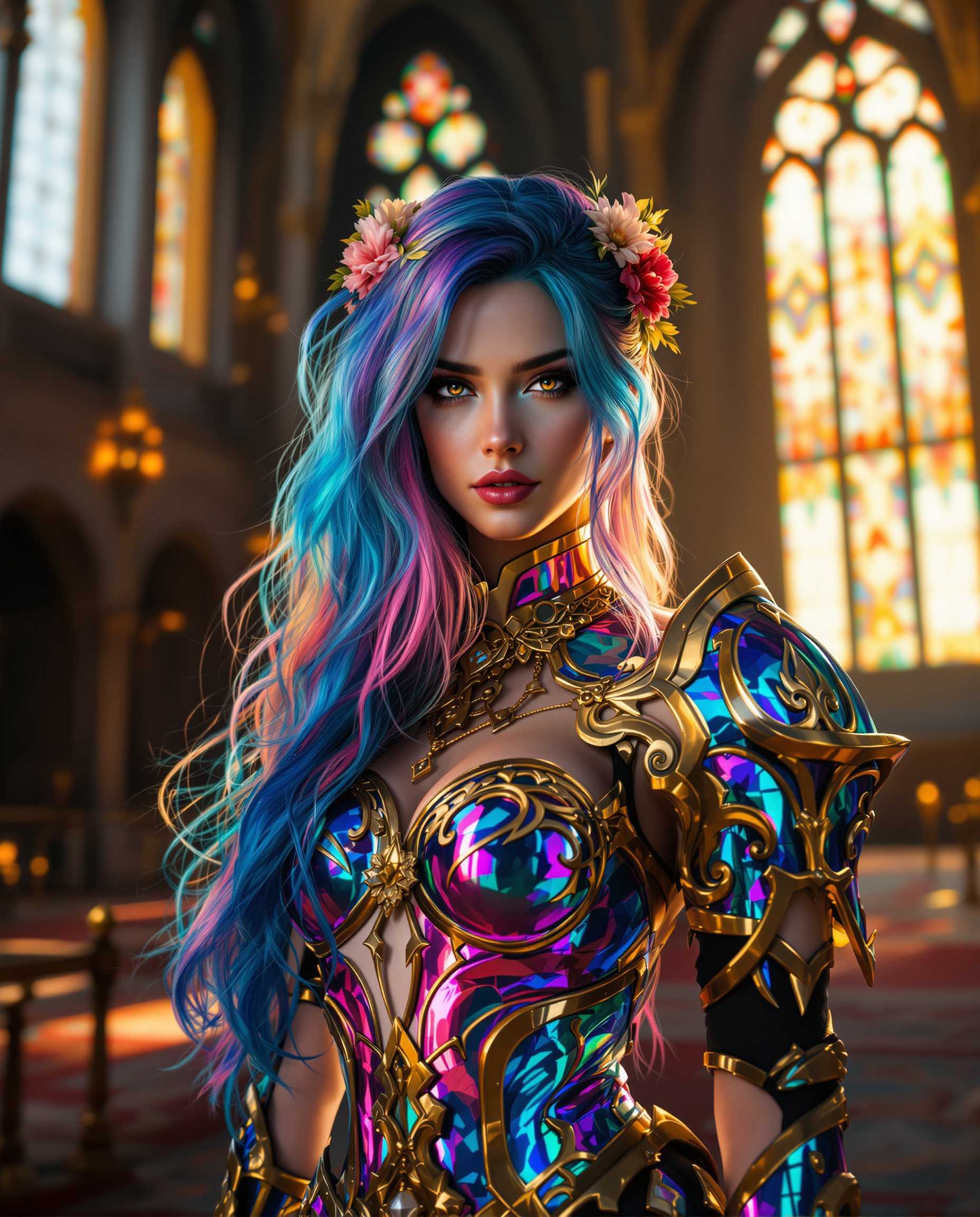 A stunning photorealistic portrait of a female warrior, captured as if through a DSLR lens with a 50 mm focal length, featuring shallow depth of field and cinematic lighting in 8K detail. She stands in a grand gothic interior with towering arched windows casting warm golden sunlight, illuminating intricate stained glass and ornate architecture, while a richly patterned carpet adds depth. Her long, flowing hair transitions from deep blue to rainbow hues, adorned with golden floral accessories, and her iridescent, chameleon-like metallic armor with gold trim shimmers alongside a matching sword, complemented by vibrant blues, purples, and pinks.