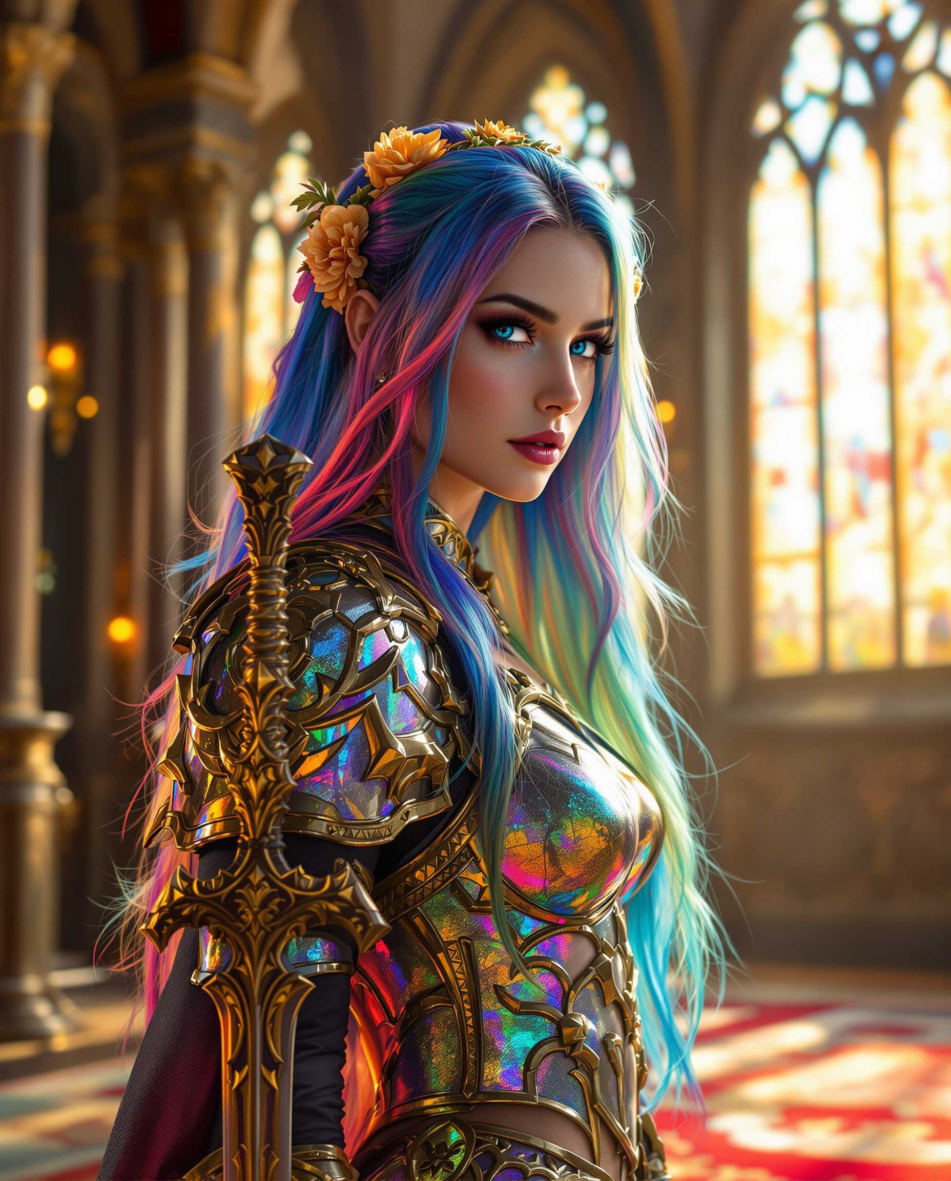 A stunning photorealistic portrait of a female warrior, captured as if through a DSLR lens with a 50 mm focal length, featuring shallow depth of field and cinematic lighting in 8K detail. She stands in a grand gothic interior with towering arched windows casting warm golden sunlight, illuminating intricate stained glass and ornate architecture, while a richly patterned carpet adds depth. Her long, flowing hair transitions from deep blue to rainbow hues, adorned with golden floral accessories, and her iridescent, chameleon-like metallic armor with gold trim shimmers alongside a matching sword, complemented by vibrant blues, purples, and pinks.