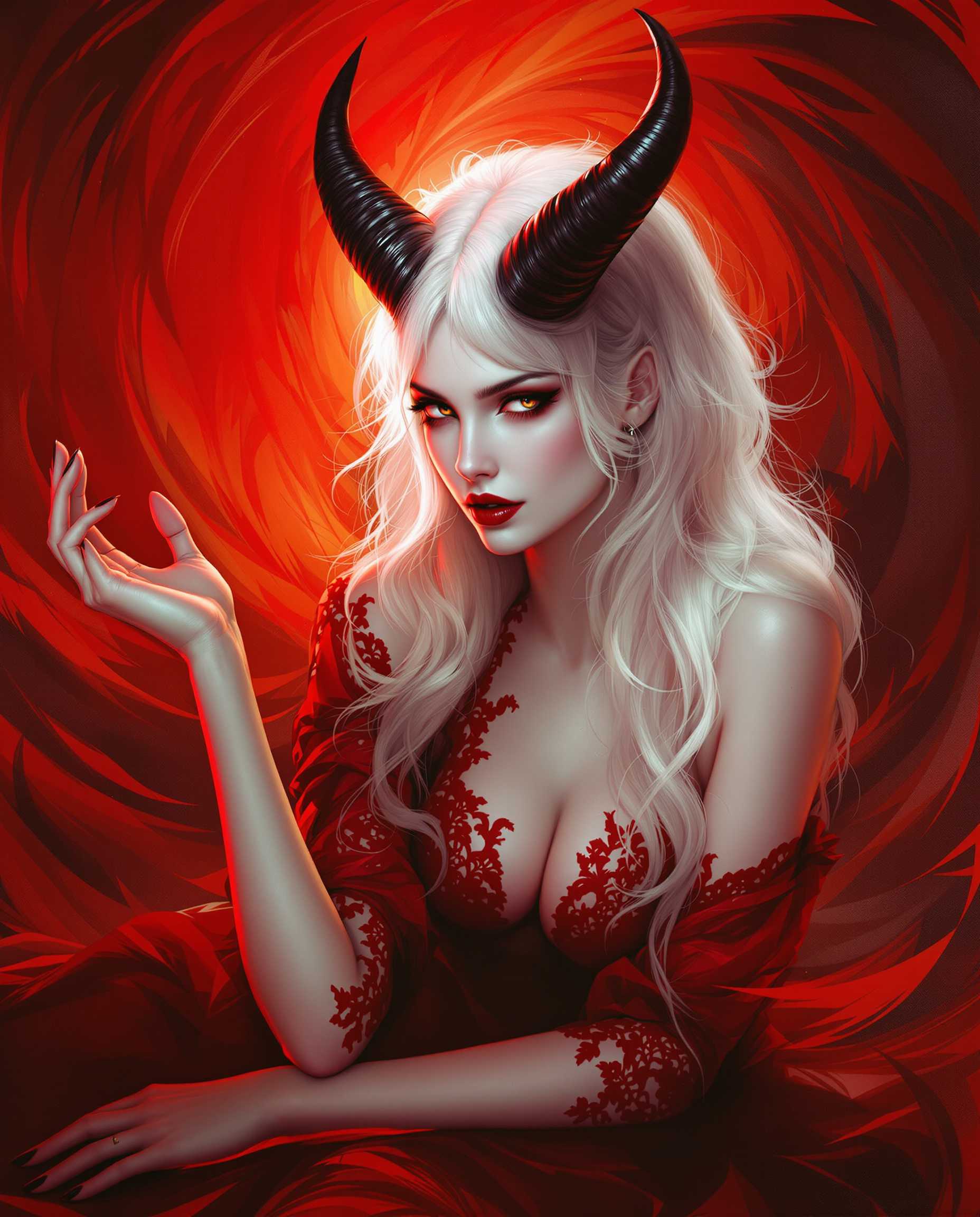 This is a realistic photo (photograph) of a female real person digital artwork that features a female figure with a striking appearance. The art style is reminiscent of fantasy or gothic genres, with a focus on detailed textures and a dramatic use of color.The medium appears to be digital painting, given the smooth gradients and the lack of brush strokes that are characteristic of traditional painting mediums. The lighting and shadows are expertly rendered, creating a sense of depth and realism.The colors in the image are bold and vibrant, with a predominance of reds and oranges that give the piece a fiery and intense atmosphere. The figures skin is a pale, almost translucent white, which contrasts sharply with the fiery background. The reds and oranges in the background are swirling and dynamic, suggesting movement and chaos.The figure has long, flowing hair that transitions from white at the roots to a deep black at the tips. The hair is adorned with two horns that curve upwards, adding to the gothic and fantastical elements of the image. The horns are also a deep black, matching the hair.The figure is wearing a red garment with lace detailing, which adds a touch of elegance to the otherwise fierce and dramatic aesthetic. The garment is sheer, allowing the figures pale skin to be visible underneath.The overall composition of the image is balanced and dynamic, with the figure positioned centrally against a swirling backdrop of red and orange hues. The figures pose is relaxed yet powerful, with one arm resting on the ground and the other bent at the elbow, palm facing upwards.In summary, this is a digital painting that captures the viewers attention with its bold colors, detailed textures, and the intriguing combination of gothic and fantasy elements. The artwork is a testament to the skill and creativity of the digital artist.