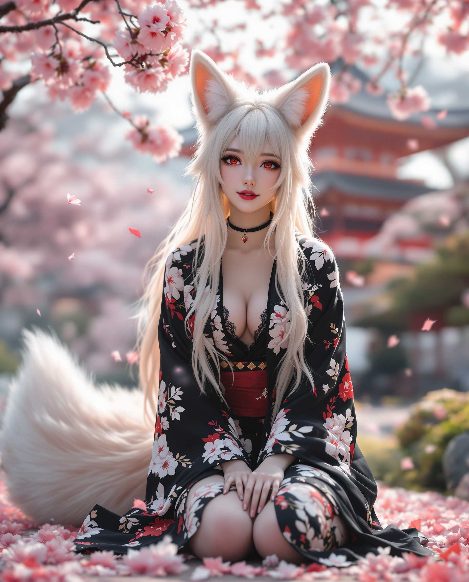 A photorealistic DSLR photo captures a stunning fox girl, blending human and animal traits, kneeling gracefully in a traditional Japanese garden during cherry blossom season. She wears a black and white floral kimono with red accents, the front slightly open to reveal a lace-detailed undergarment, while her long, flowing hair appears translucent and ethereal at the ends. With striking red eyes, foxlike ears tipped with white fur, and a curious, content expression, she is illuminated by soft, diffused lighting, with a gentle glow from her eyes and the falling pink blossoms, set against a backdrop of a traditional pagoda under a dreamy 8K cinematic lens.