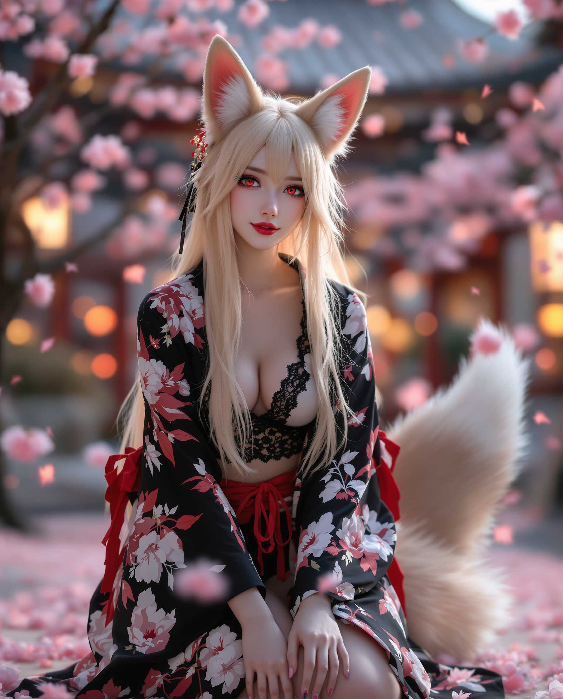 A photorealistic DSLR photo captures a stunning fox girl, blending human and animal traits, kneeling gracefully in a traditional Japanese garden during cherry blossom season. She wears a black and white floral kimono with red accents, the front slightly open to reveal a lace-detailed undergarment, while her long, flowing hair appears translucent and ethereal at the ends. With striking red eyes, foxlike ears tipped with white fur, and a curious, content expression, she is illuminated by soft, diffused lighting, with a gentle glow from her eyes and the falling pink blossoms, set against a backdrop of a traditional pagoda under a dreamy 8K cinematic lens.