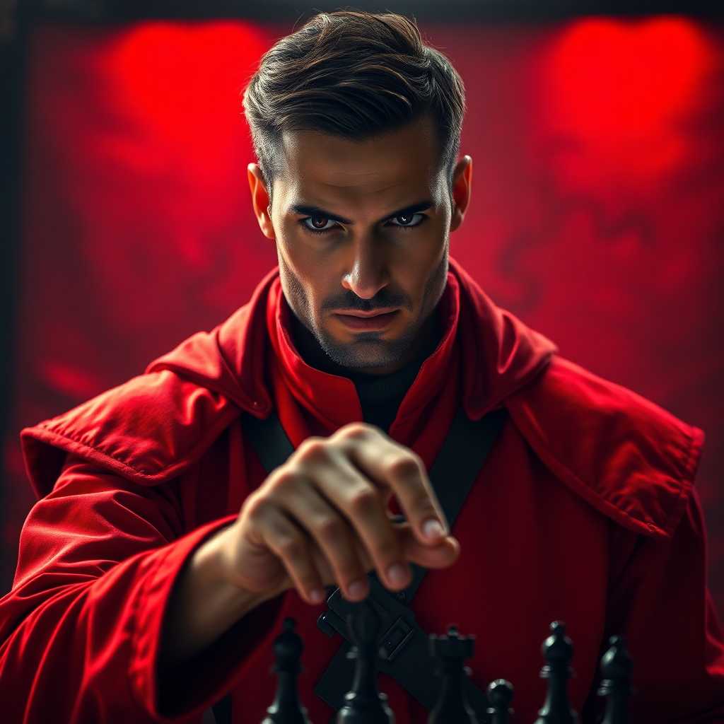 A cunning male strategist with sharp, piercing eyes and a sly, calculating smirk stands in a dimly lit war room, dressed in striking red tactical robes or armor that exude controlled aggression. The background features a detailed military map or chessboard, bathed in red-tinted shadows, emphasizing strategy and conflict, while his hand hovers decisively over the pieces, ready to strike. The dominant red lighting and color palette intensify the atmosphere of intelligence, pressure, and menace, captured in a high-resolution, cinematic DSLR shot with a 50mm lens and shallow depth of field.