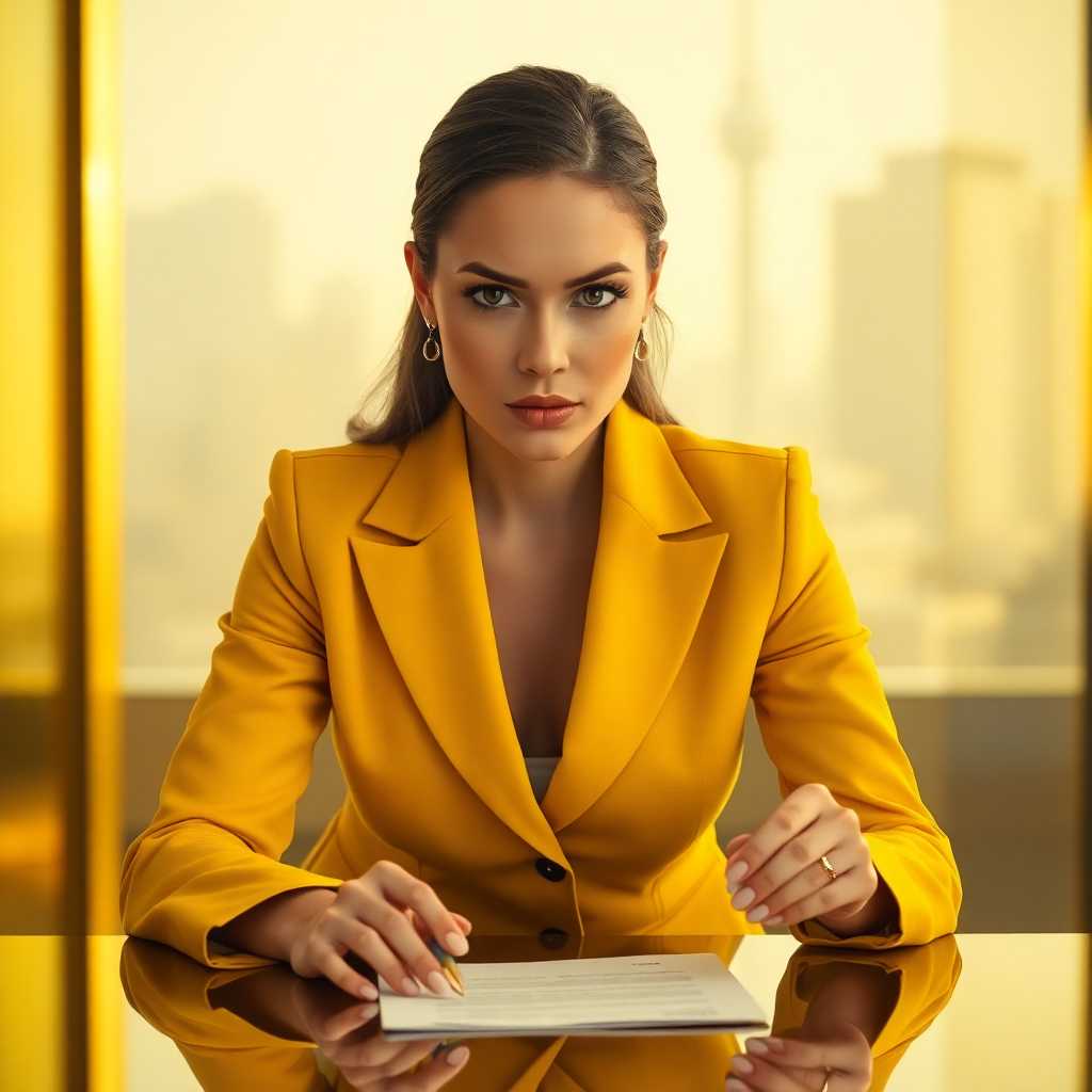 A confident female negotiator with piercing eyes, dressed in modern business attire with gold accents. She leans slightly forward across a negotiation table, with one hand confidently placed and the other holding a stylized pen or contract. The background features gold-toned light streaming into a high-rise office or a vault-inspired interior. Yellow dominates clothing, lighting, and reflections—conveying power, value, and clarity.